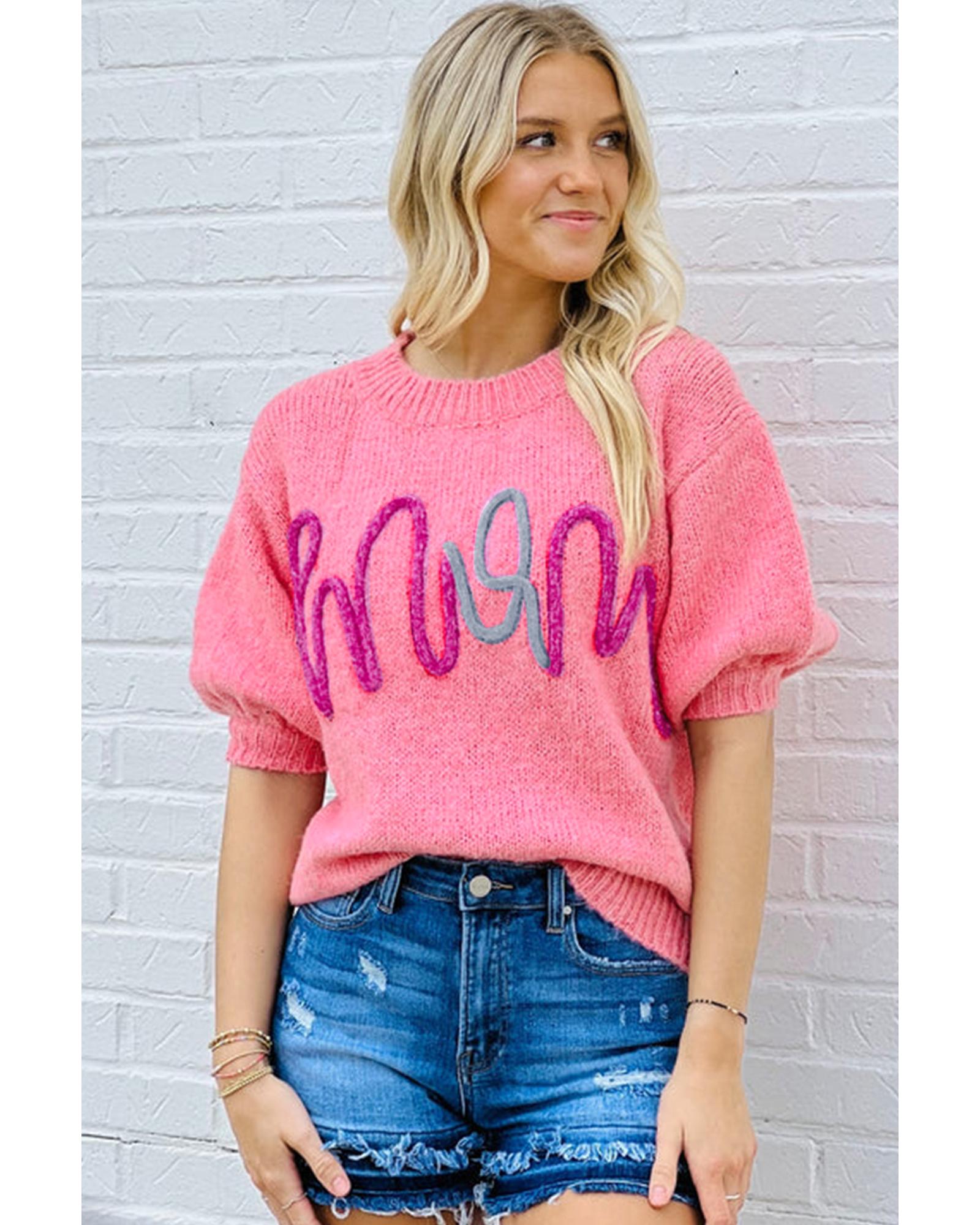 V539-AZEXDC277085-P3010-M-202508292210-00 Bonbon Mom Tinsel Front Short Sleeve Sweater - M - Image 1
