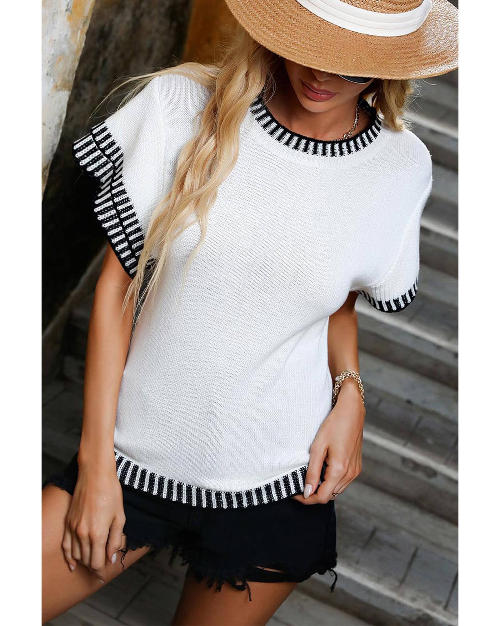 V539-AZEXDC277172-P1-S-202506140437-00 White Contrast Trim Round Neck Batwing Sleeve Knitted Top - S - Image 1