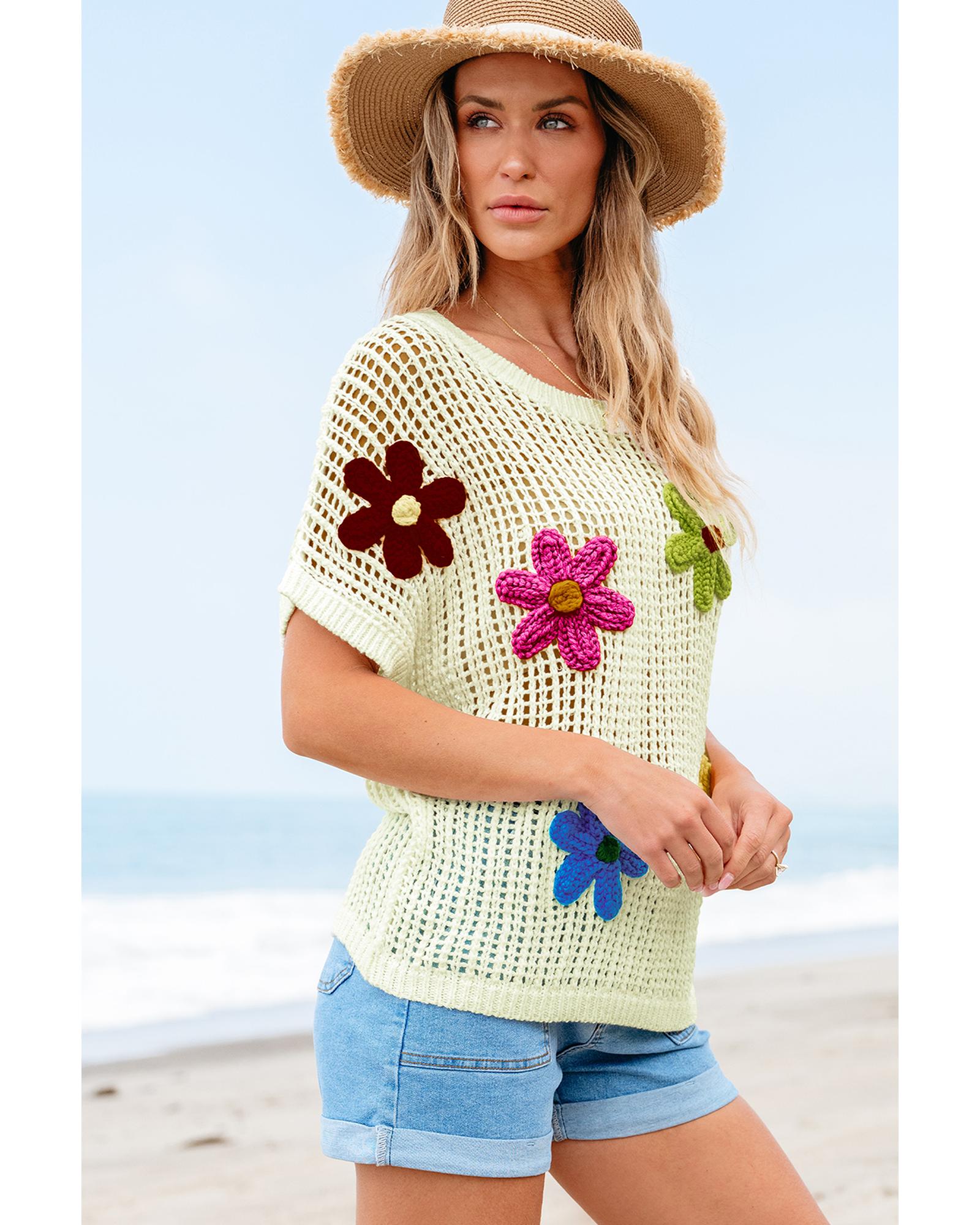 V539-AZEXDC277301-P1-L-202508290050-00 White Crochet Flower Hollow-out Sweater T Shirt - L - Image 1