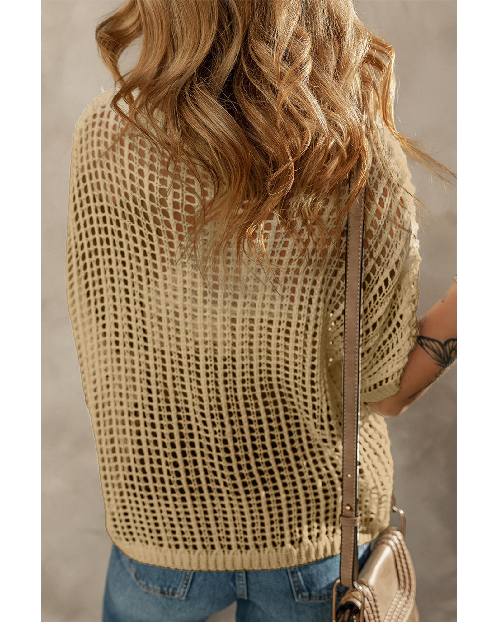 V539-AZEXDC277301-P4016-M-202508291535-00 Light French Beige Crochet Flower Hollow-out Sweater T Shirt - M - Image 1