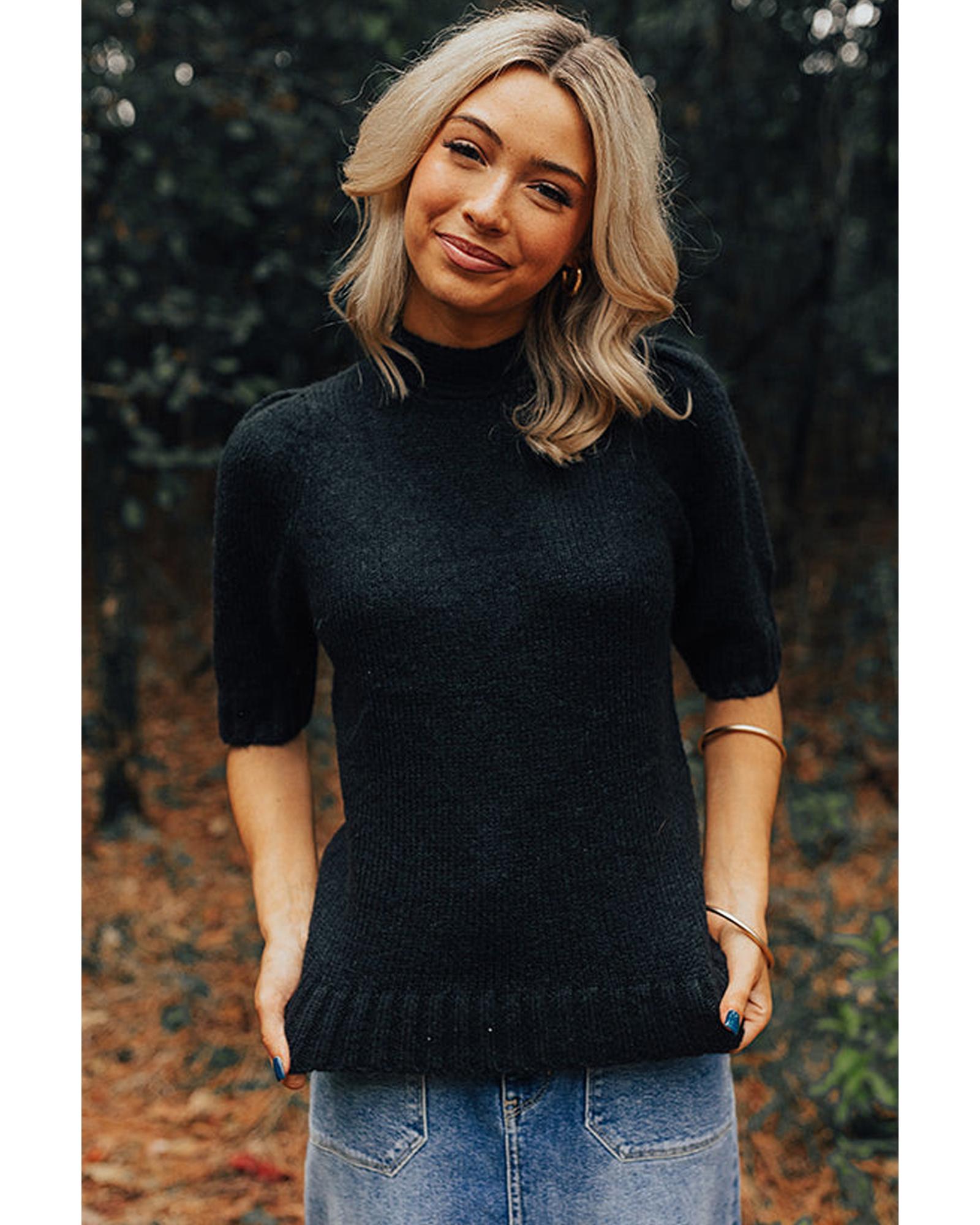 V539-AZEXDC277344-P2-XL-202508281535-00 Black Knotted Keyhole Nape Short Sleeve Knit Sweater - XL - Image 1