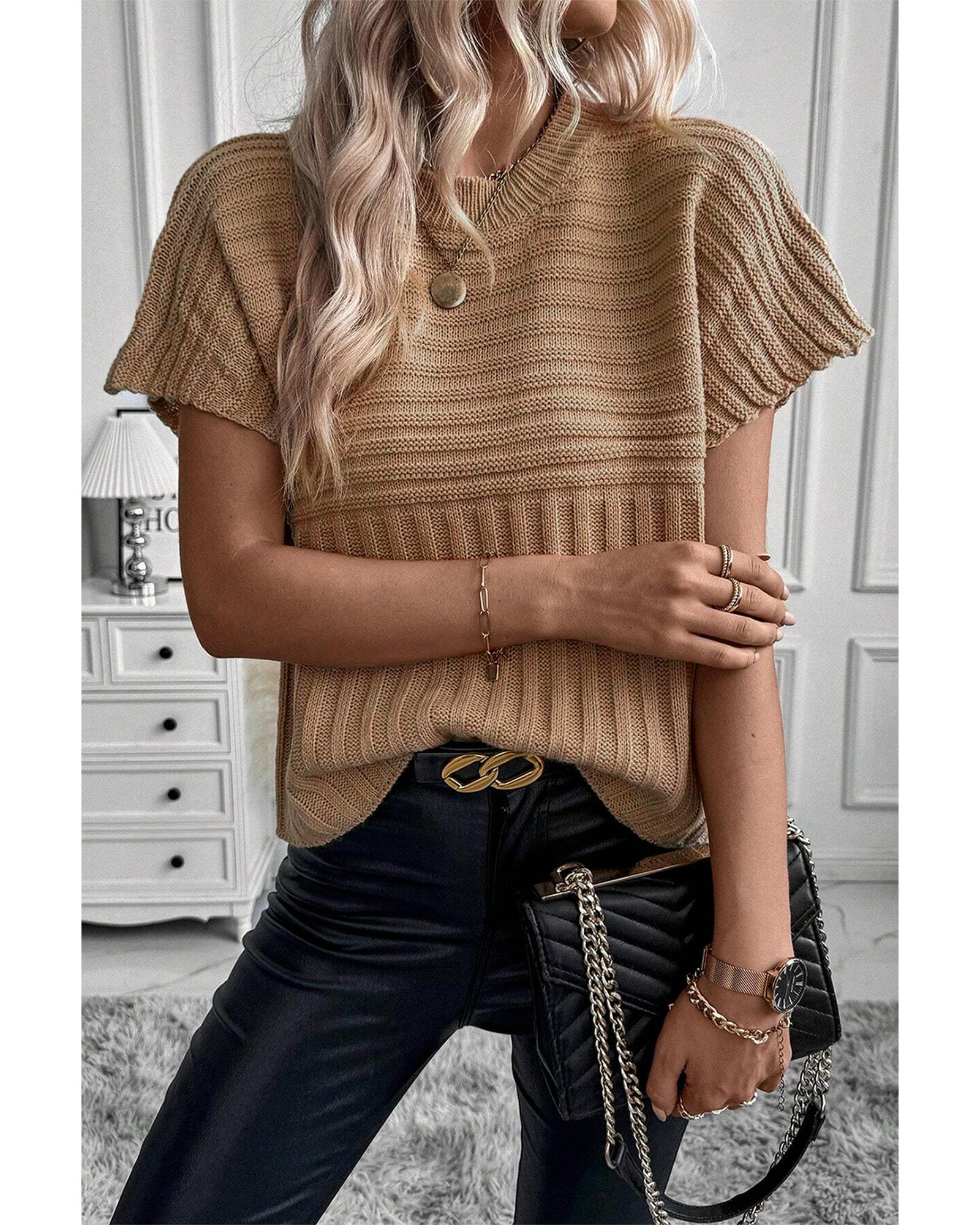 V539-AZEXDC277346-P4016-XL-202508281845-00 Light French Beige Rib Knitted Wide Sleeve Sweater T Shirt - XL - Image 1