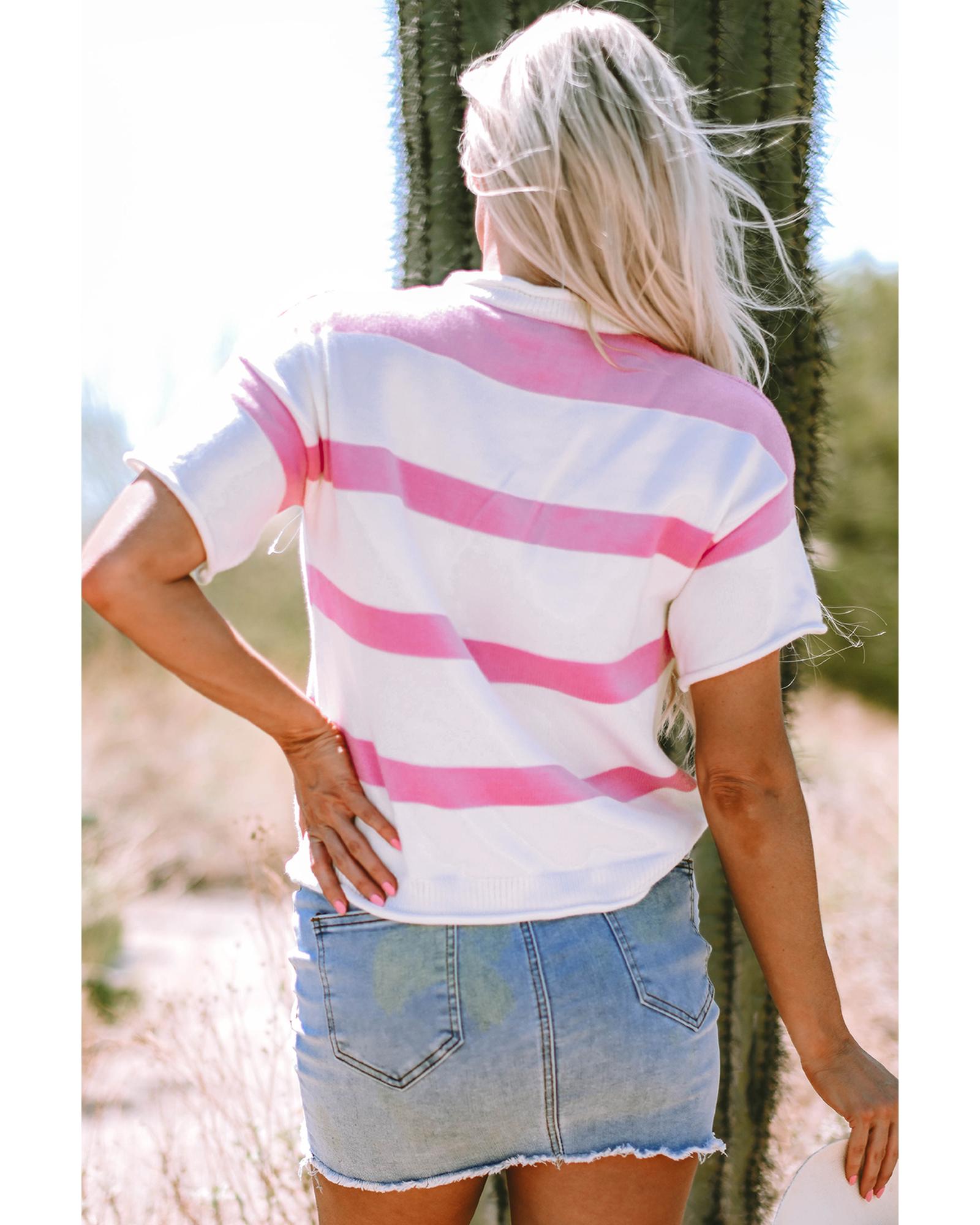 V539-AZEXDC277353-P1019-L-202508291405-00 Pink Stripe Dropped Short Sleeve Lightweight Knitted Top - L - Image 1