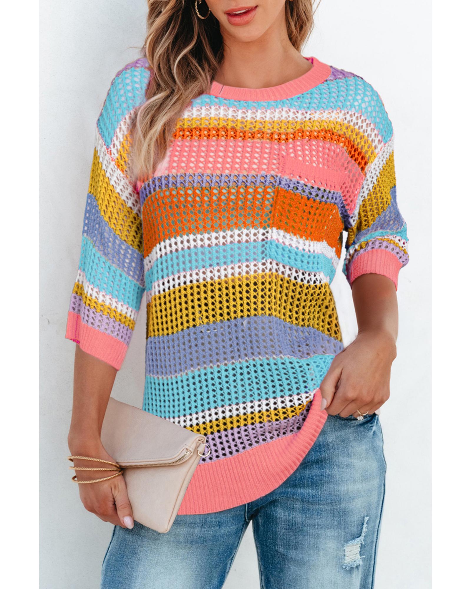 V539-AZEXDC277431-P1019-M-202508281125-00 Pink Stripe Colorblock Hollowed Crochet 3/4 Sleeve Sweater - M - Image 1