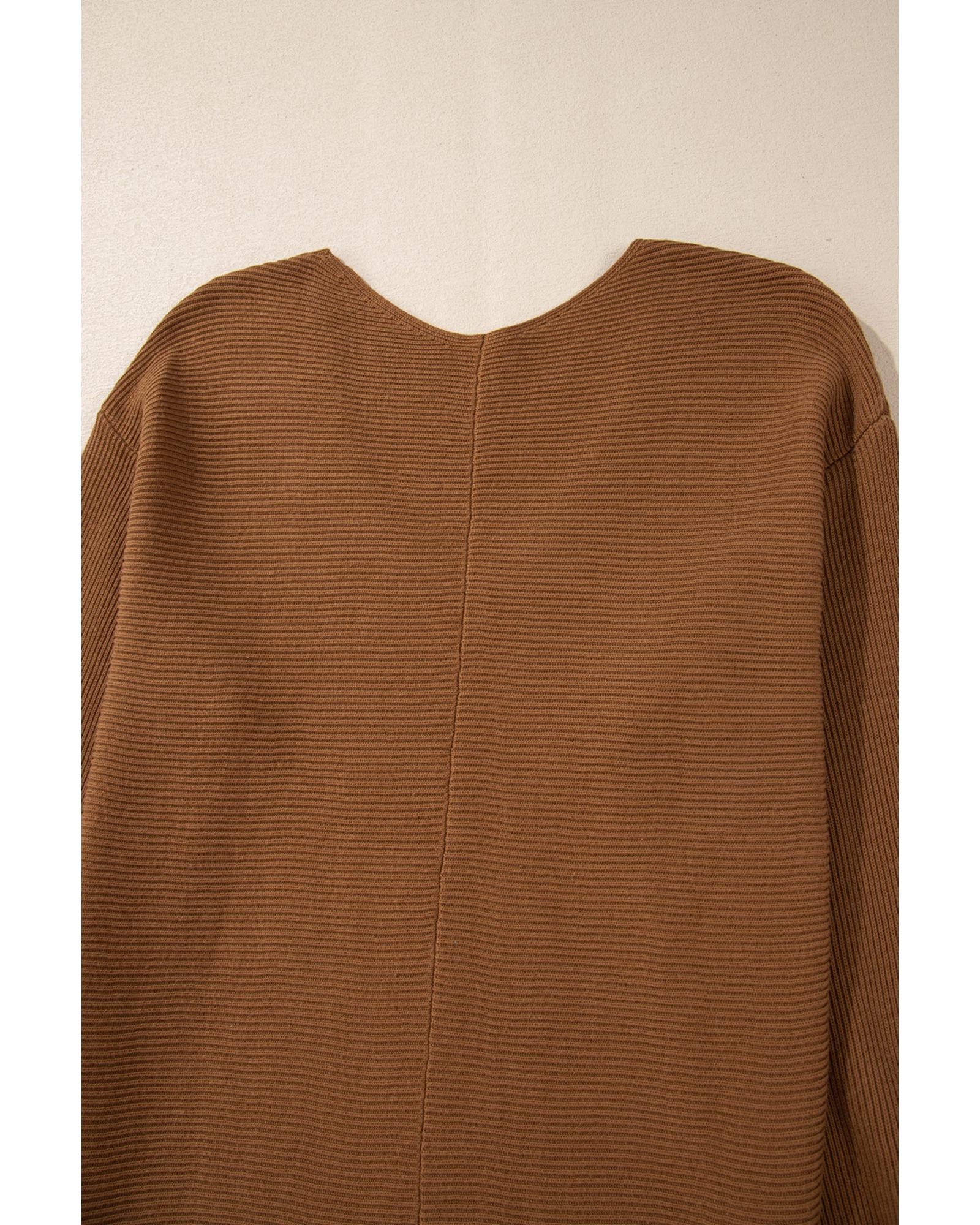 V539-AZEXDC277468-P1016-XL-202508291755-00 Camel Ribbed Knit Drop Sleeve V Neck Loose Fit Sweater - XL - Image 1