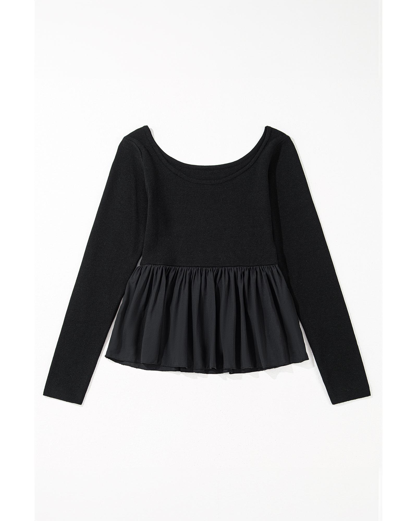 V539-AZEXDC277486-P2-L-202508281240-00 Black Ribbed Knit Long Sleeve Scoop Neck Peplum Patchwork Top - L - Image 1