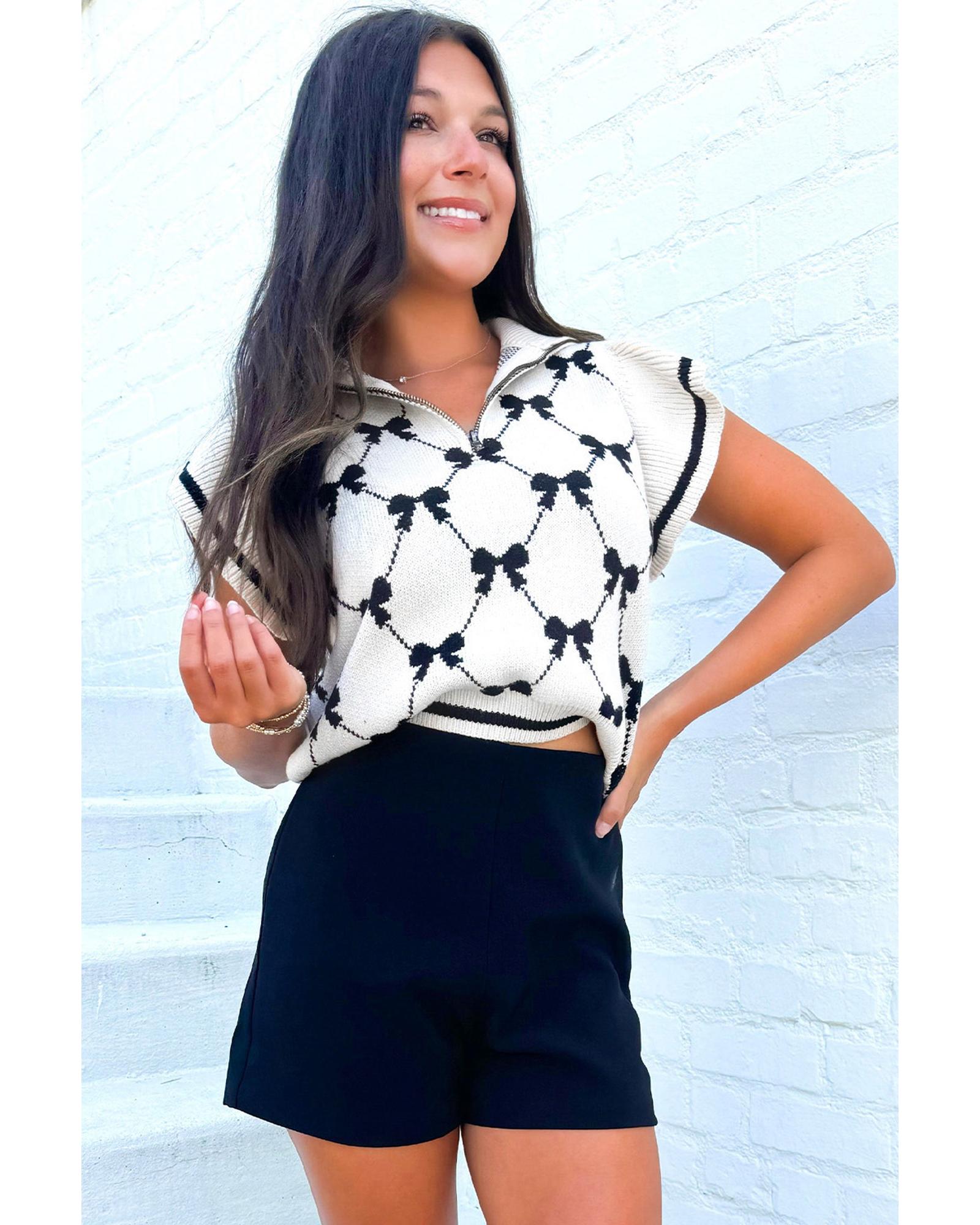 V539-AZEXDC277528-P10222-XL-202508291935-00 Black Preppy Vibes Bow Print Zipped Collar Sweater Tee - XL - Image 1