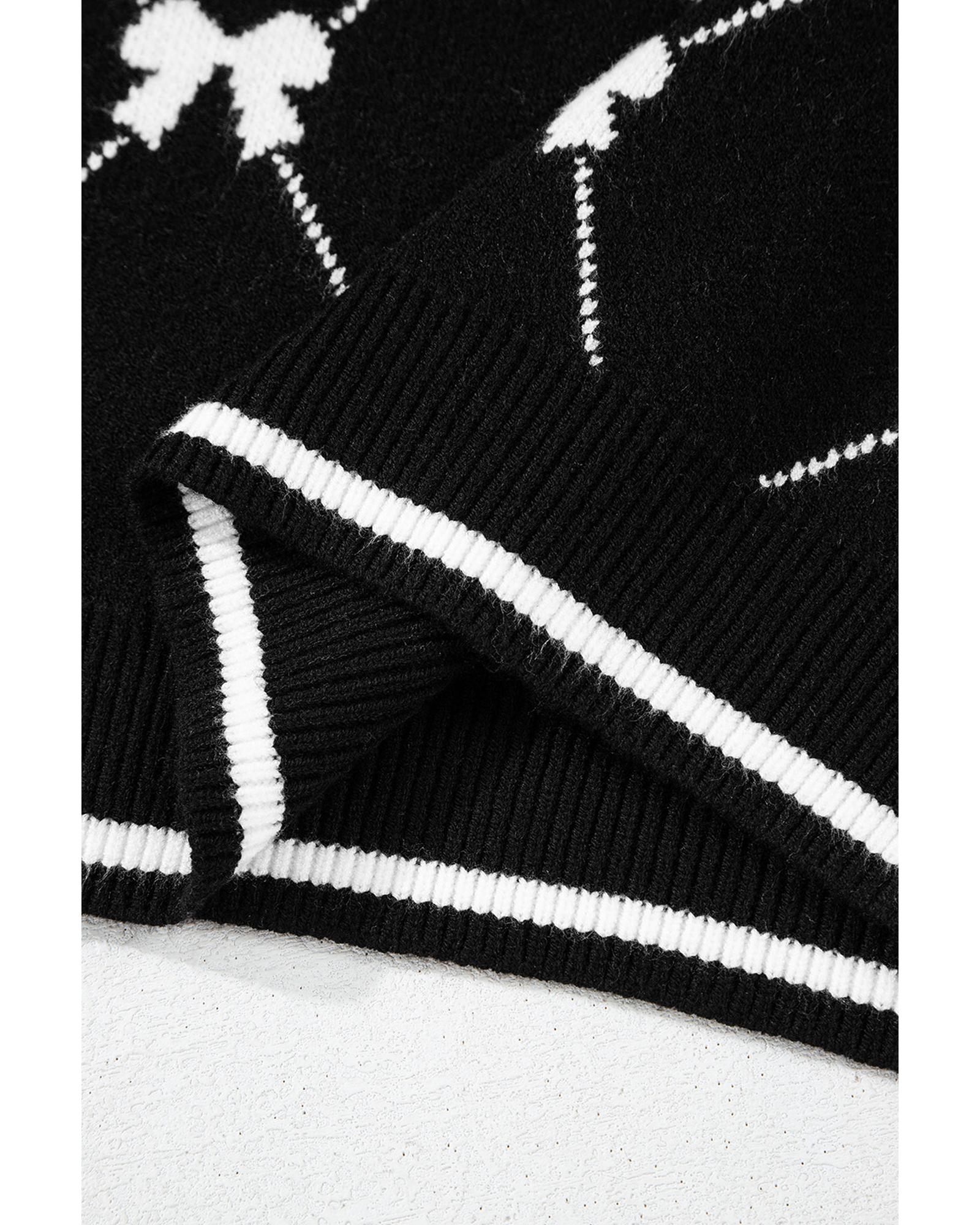 V539-AZEXDC277528-P222-S-202506140646-00 Black Preppy Vibes Bow Print Zipped Collar Sweater Tee - S - Image 1