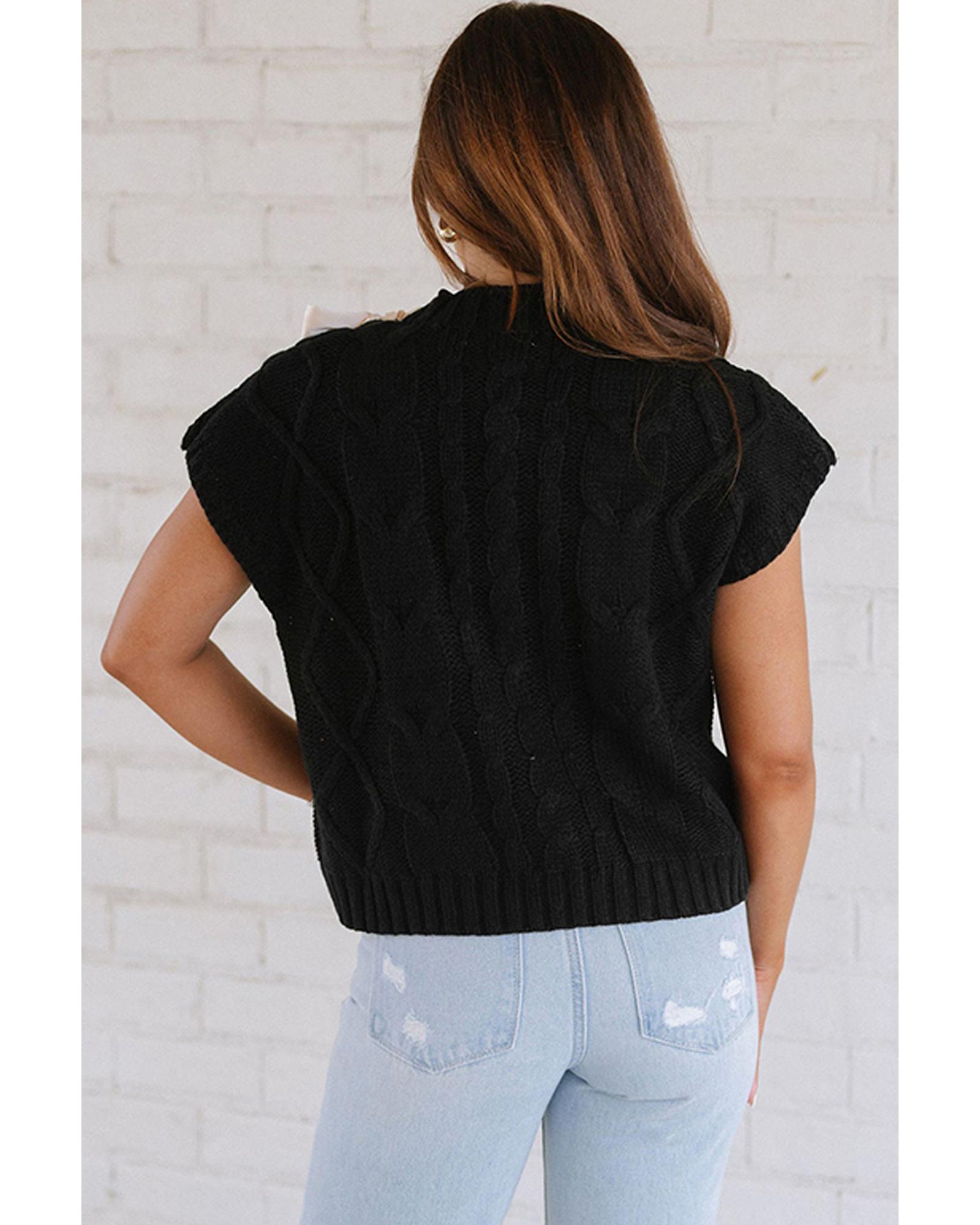 V539-AZEXDC277536-P2-XL-202508280555-00 Black Cable Knit Colorblock Satin Bowknot Short Sleeve Sweater - XL - Image 1