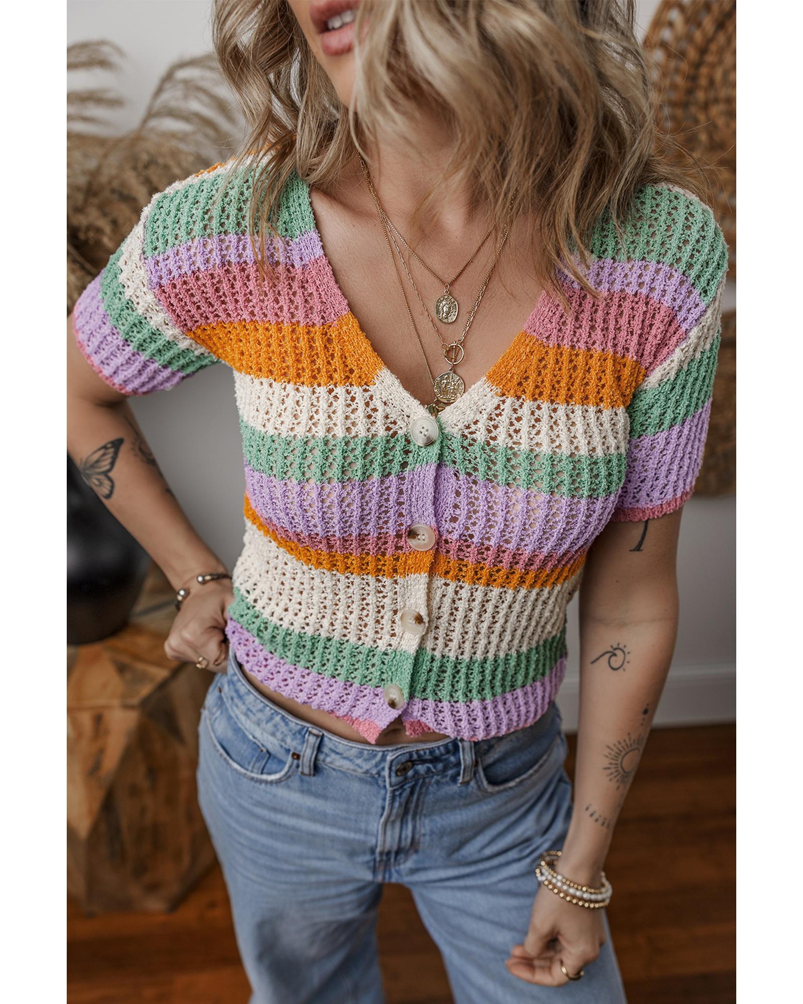 V539-AZEXDC277539-P1422-XL-202508281625-00 Orange Colorblock Striped Pointelle Knit V Neck Buttoned Crop Short Sleeve Sweater - XL - Image 1