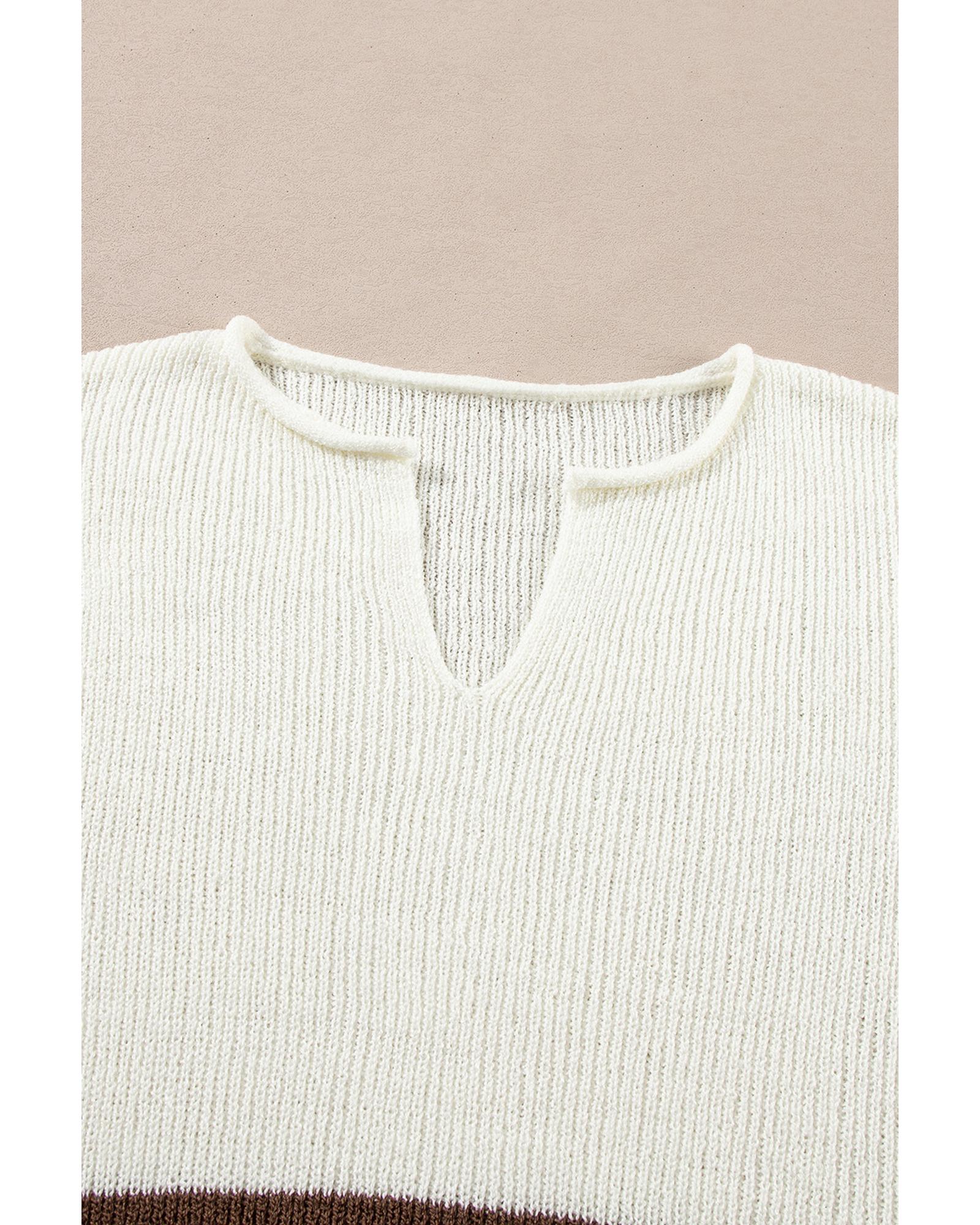V539-AZEXDC277559-P1719-XL-202508291615-00 Brown Striped Accent Notched V Neck Cropped Sweater T Shirt - XL - Image 1