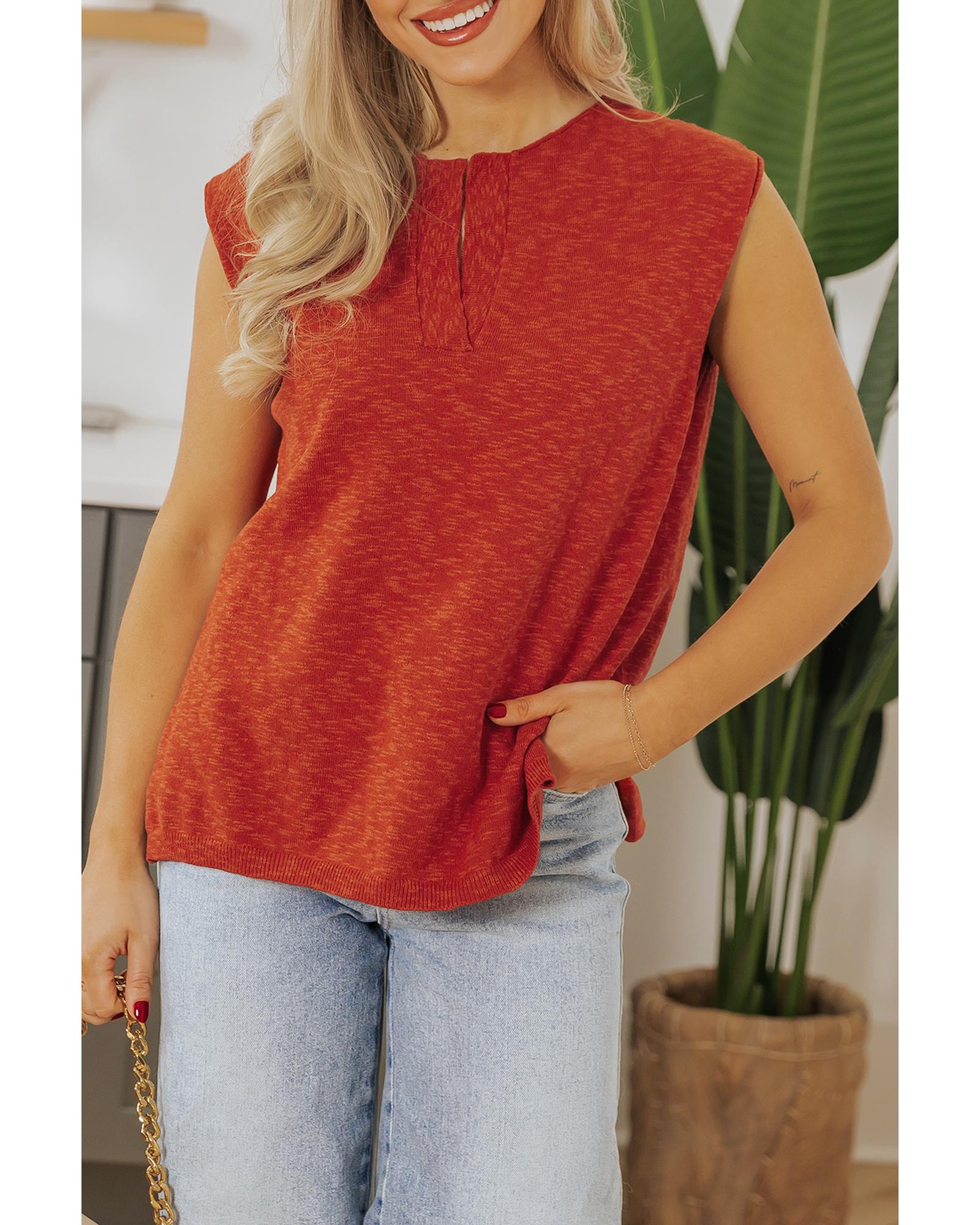 V539-AZEXDC277562-P14-M-202508291905-00 Orange Solid Color Split V Neck Short Sleeve Sweater - M - Image 1