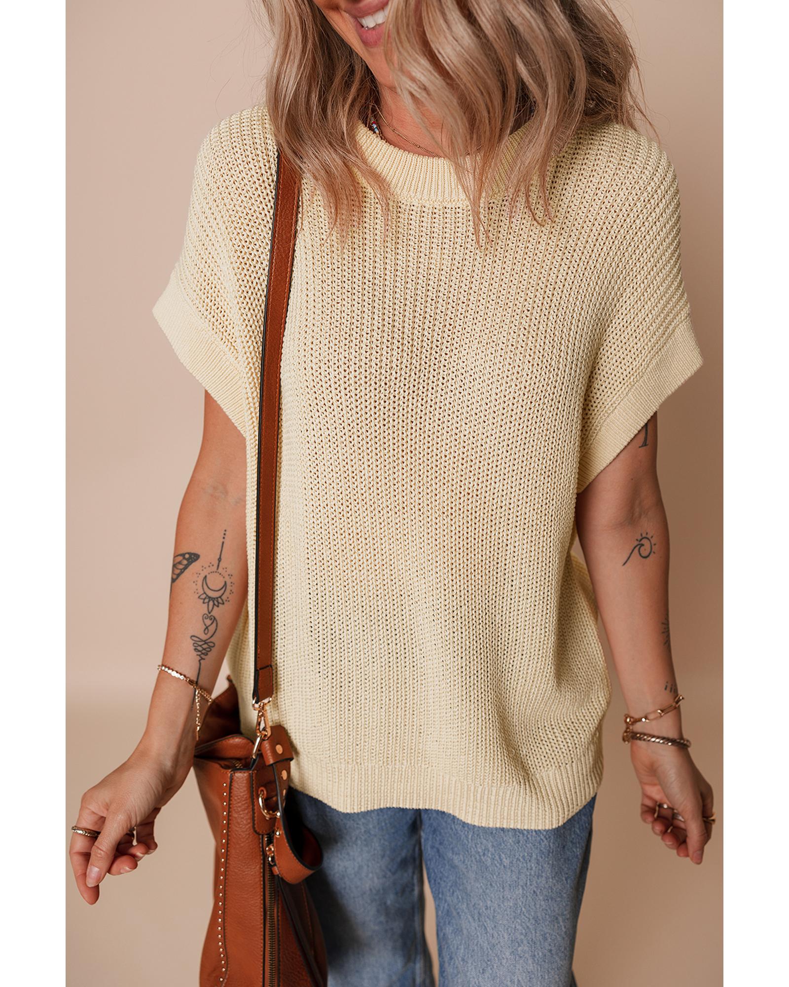 V539-AZEXDC277667-P1015-S-202506140732-00 Oatmeal Solid Color Batwing Short Sleeve Round Neck Knit T Shirt - S - Image 1
