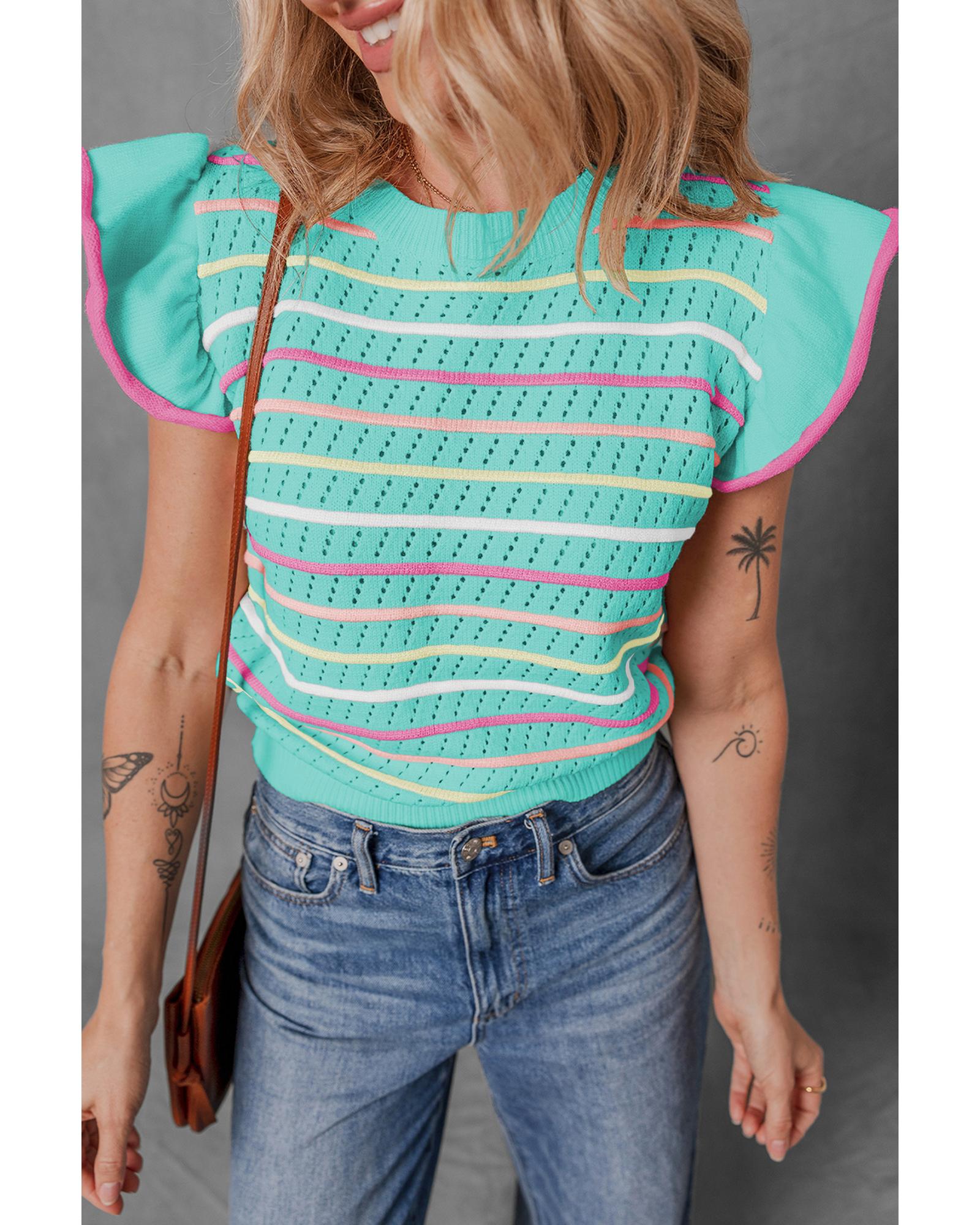 V539-AZEXDC277710-P922-M-202506140806-00 Green Colorful Striped Eyelet Knit Ruffled Sleeve Sweater T Shirt - M - Image 1