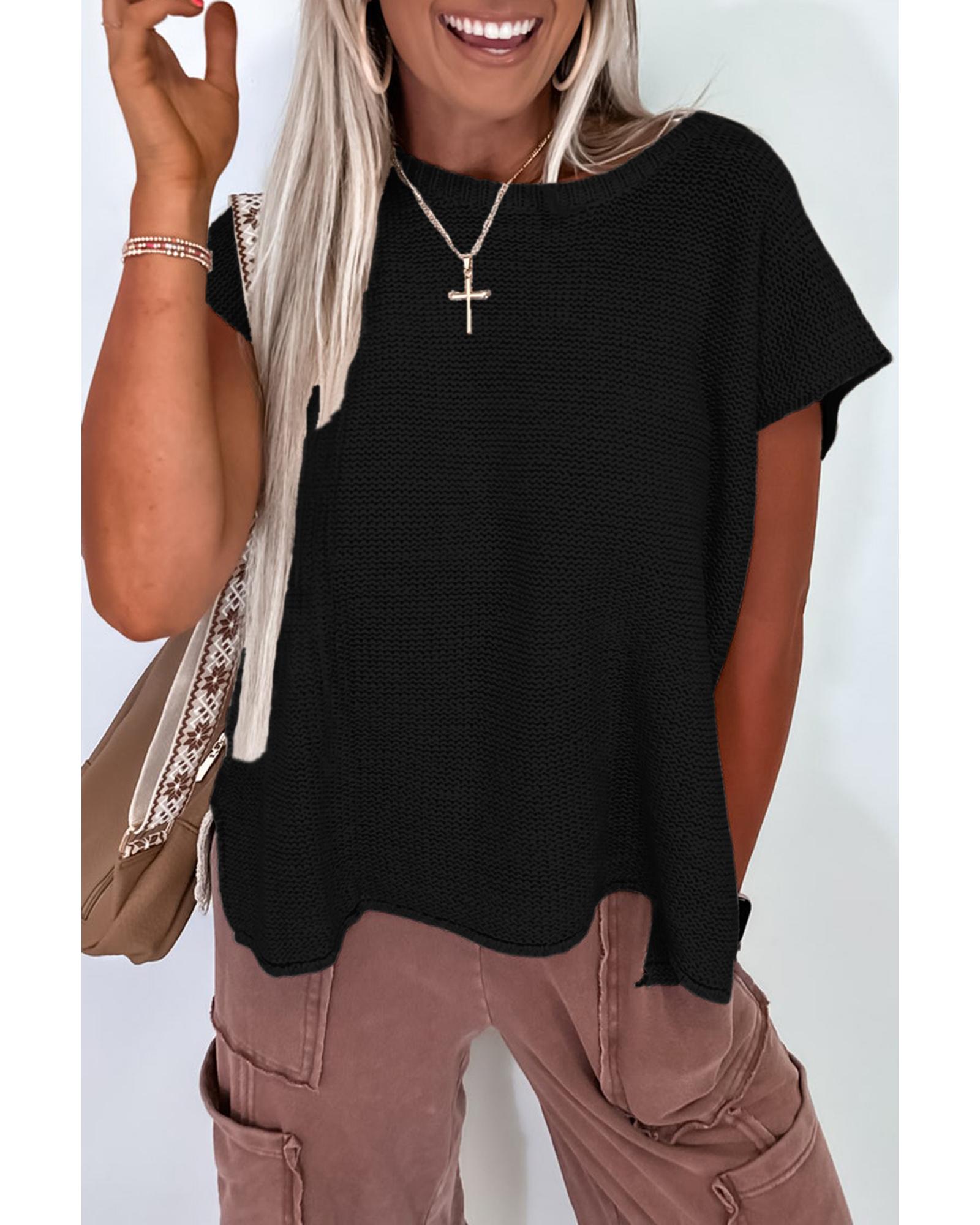 V539-AZEXDC277740-P2-M-202508282235-00 Black Solid Color Sweater Tee with Side Slits - M - Image 1