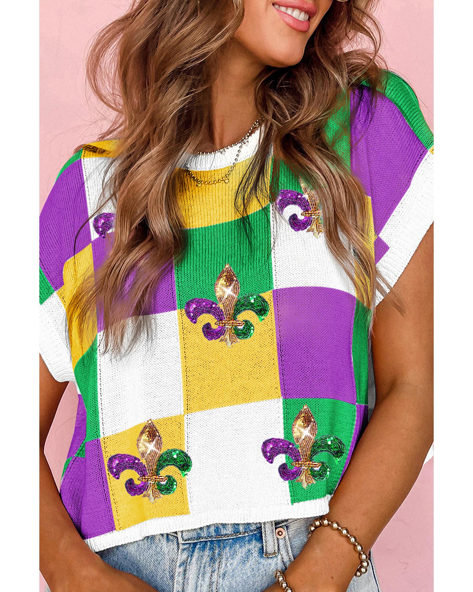 V539-AZEXDC277786-P8-M-202508291955-00 Tillandsia Purple Sequin Mardi Gras Fleur de Lis Color Block Sweater T Shirt - M - Image 1