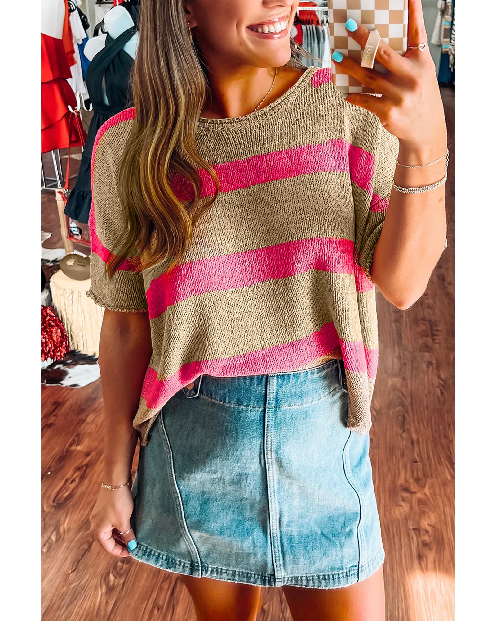 V539-AZEXDC277797-P1019-S-202506140831-00 Pink Stripe Colorblock Short Sleeve Crew Neck Lightweight Sweater - S - Image 1