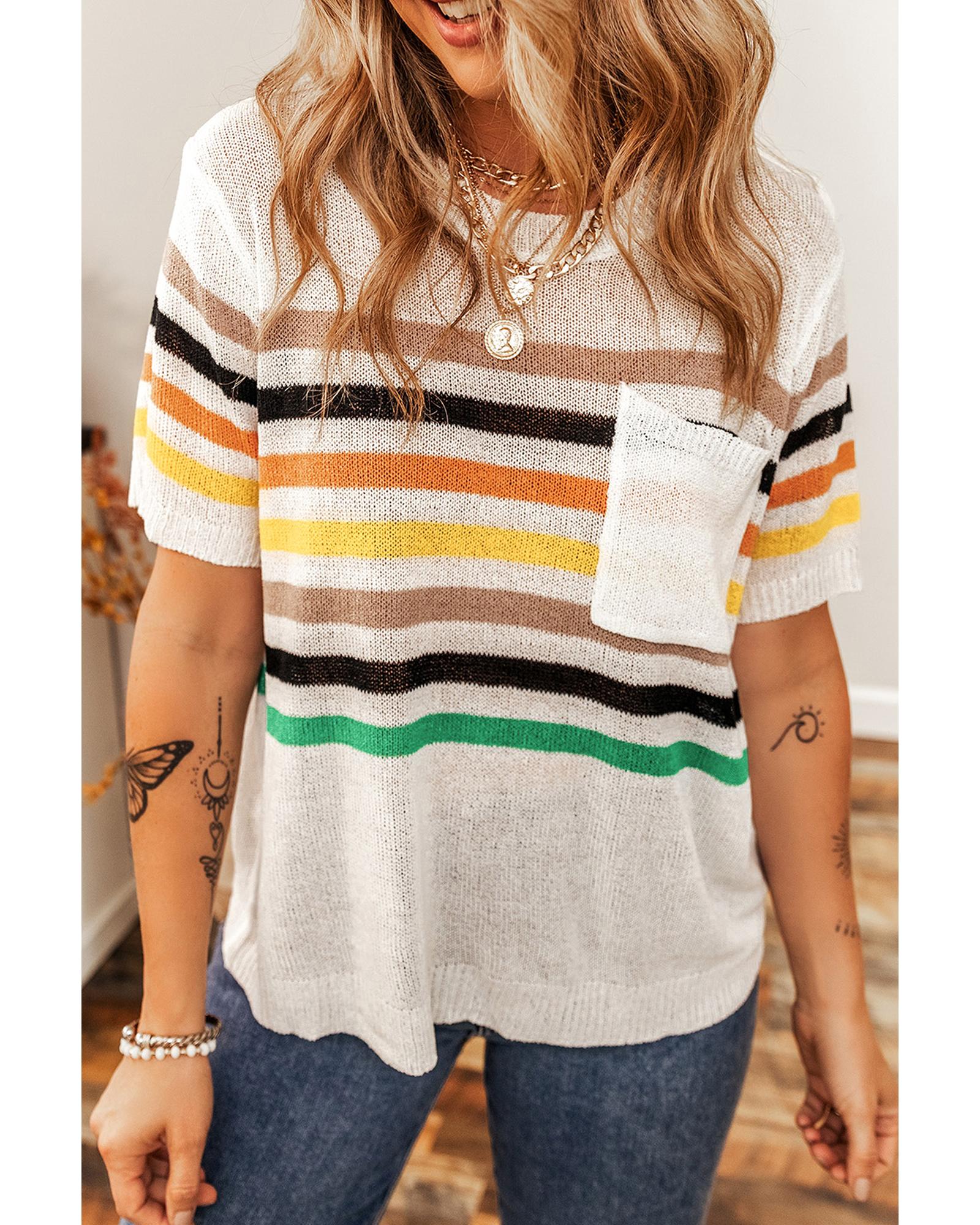 V539-AZEXDC277800-P1-L-202508281000-00 White Striped Pocketed Loose Fit Crewneck Knitted T Shirt - L - Image 1