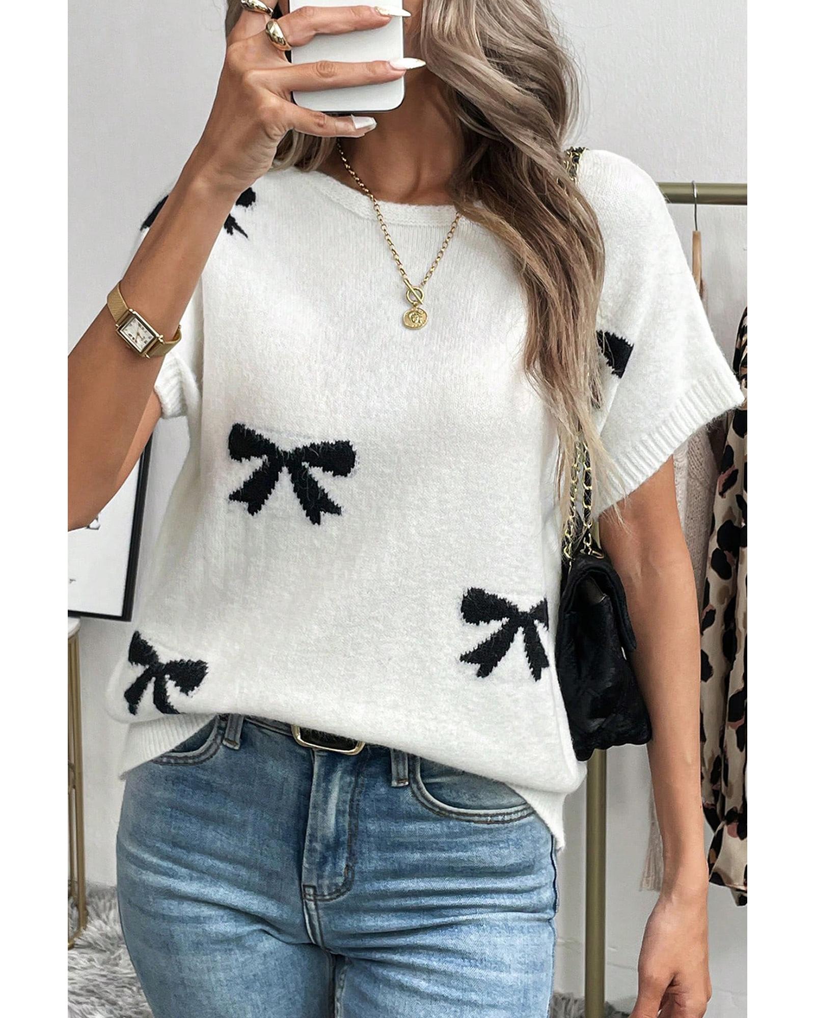 V539-AZEXDC277801-P222-M-202508282140-00 Black Bow Pattern Knit Short Sleeve Sweater - M - Image 1