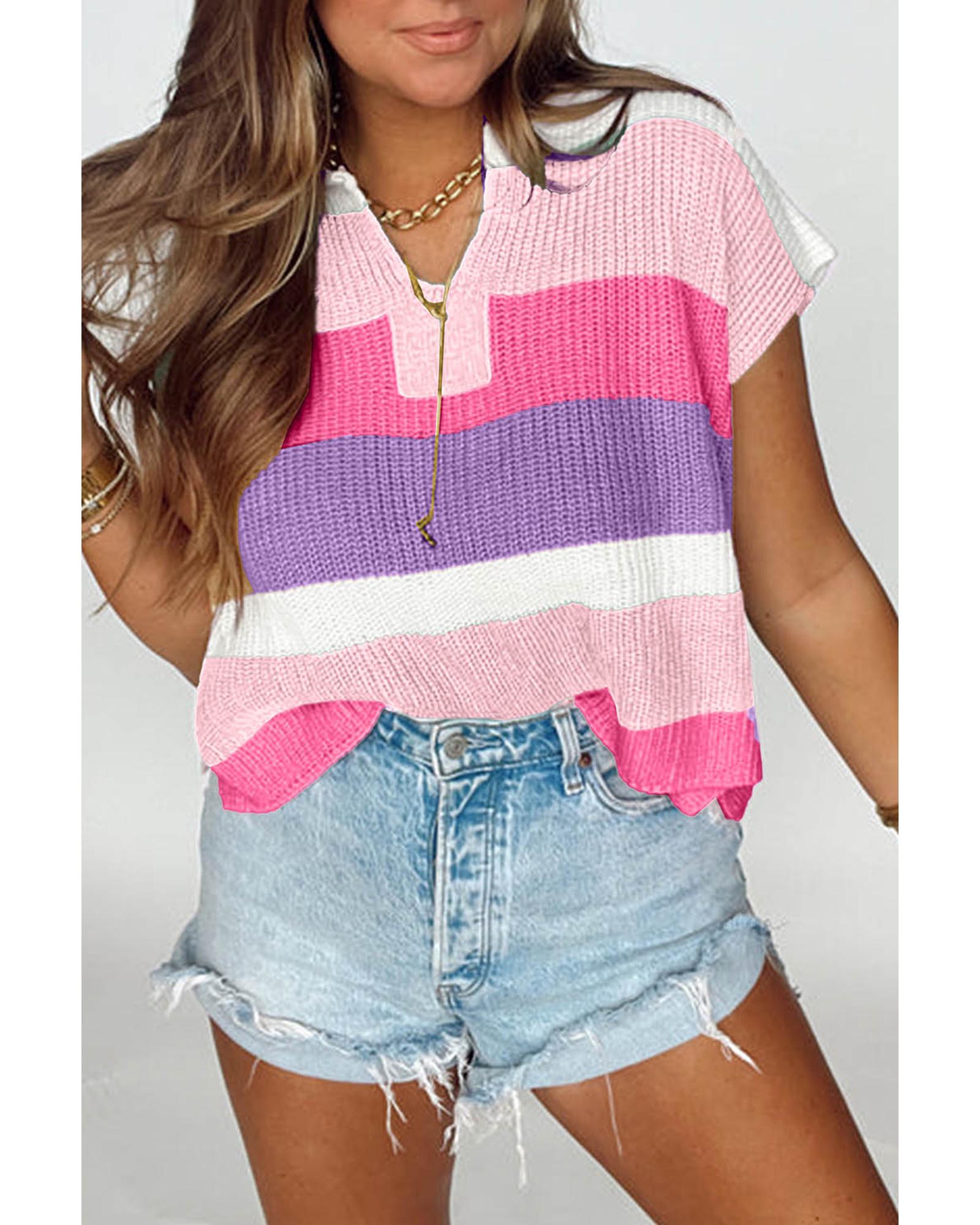 V539-AZEXDC277874-P1022-M-202508280230-00 Pink Color Block Notch V Neck Sweater T Shirt - M - Image 1