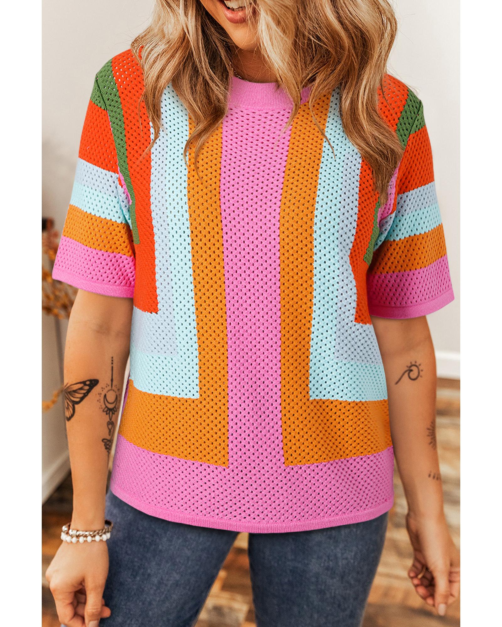 V539-AZEXDC277878-P1422-XL-202508282205-00 Orange Color Block Eyelet Casual Sweater T Shirt - XL - Image 1