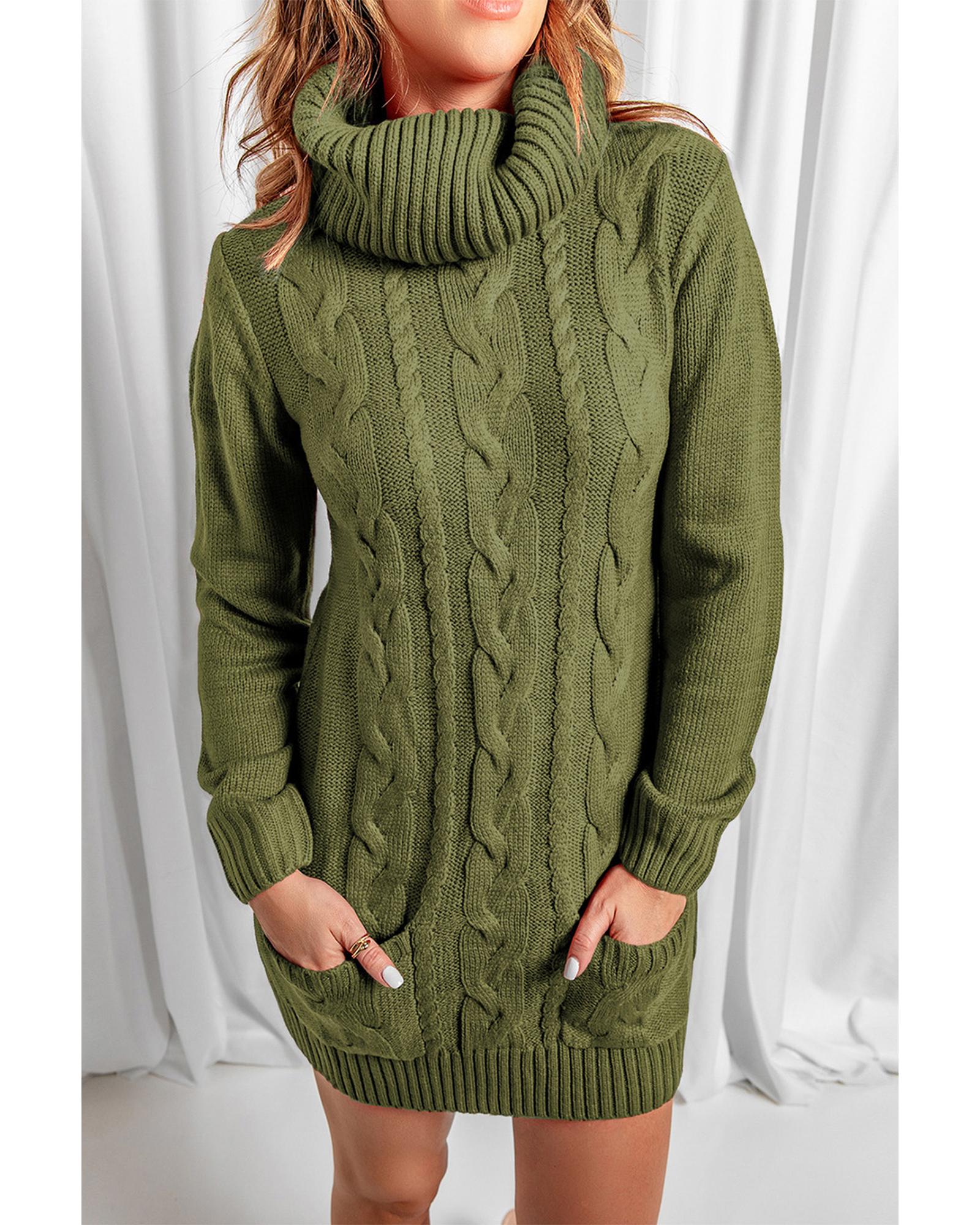 V539-AZEXDC27836-9L-202508300440-00 Azura Exchange Olive Cowl Neck Cable Knit Sweater Dress - L - Image 1