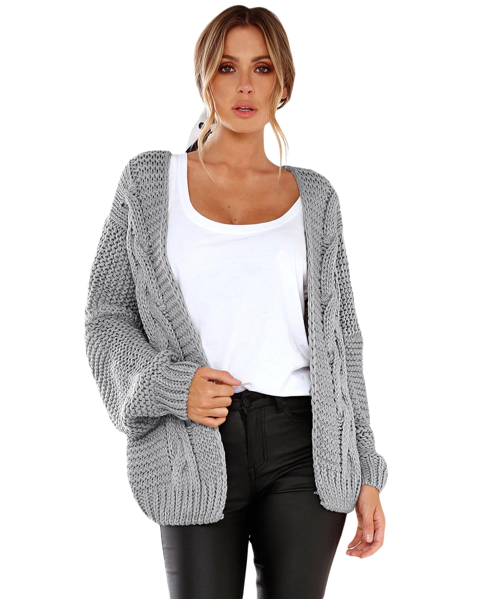 V539-AZEXDC27948-11M-202508291710-00 Azura Exchange Gray Chunky Wide Long Sleeve Knit Cardigan - M - Image 1
