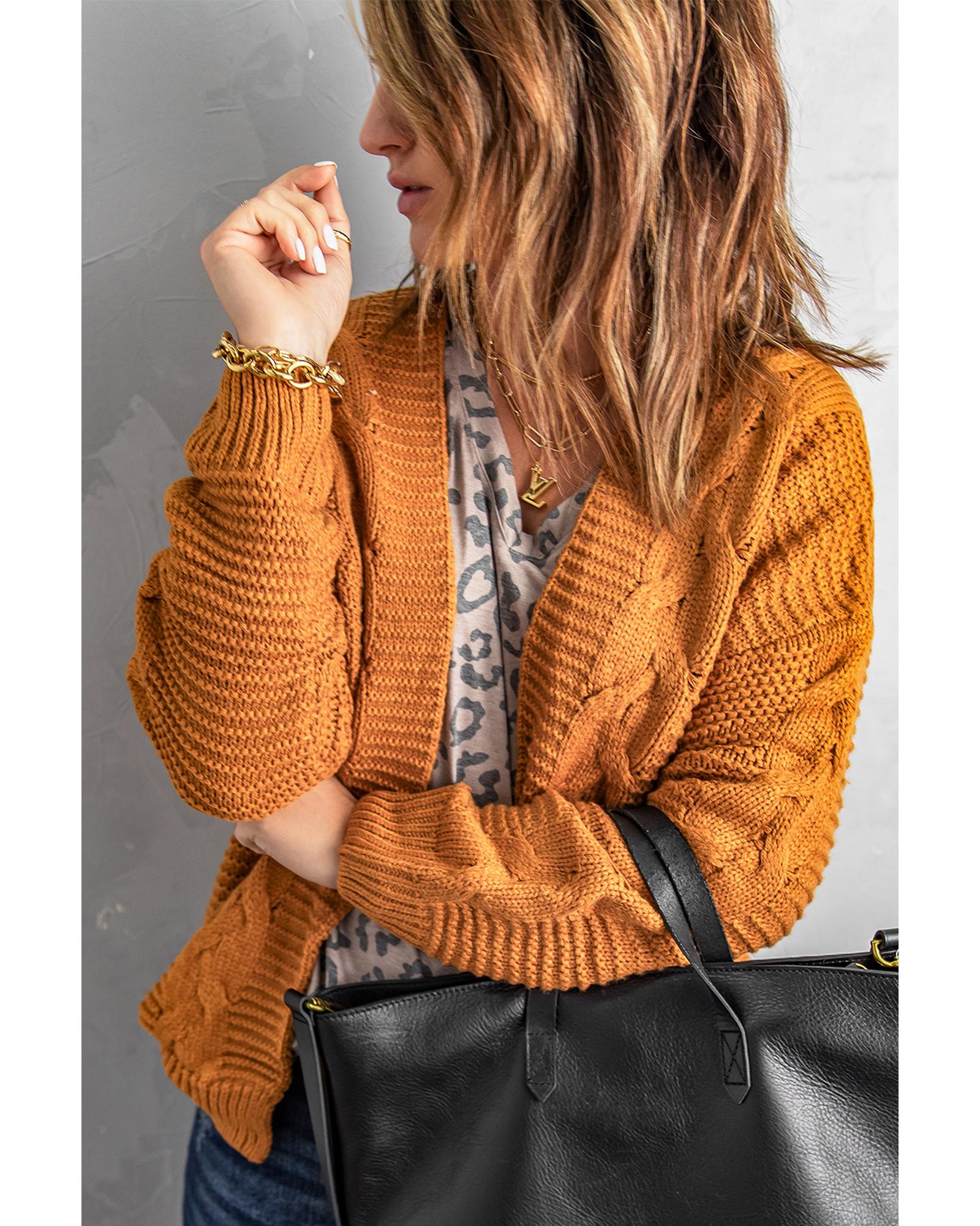 V539-AZEXDC27948-17S-202506140954-00 Khaki Chunky Wide Long Sleeve Knit Cardigan - S - Image 1