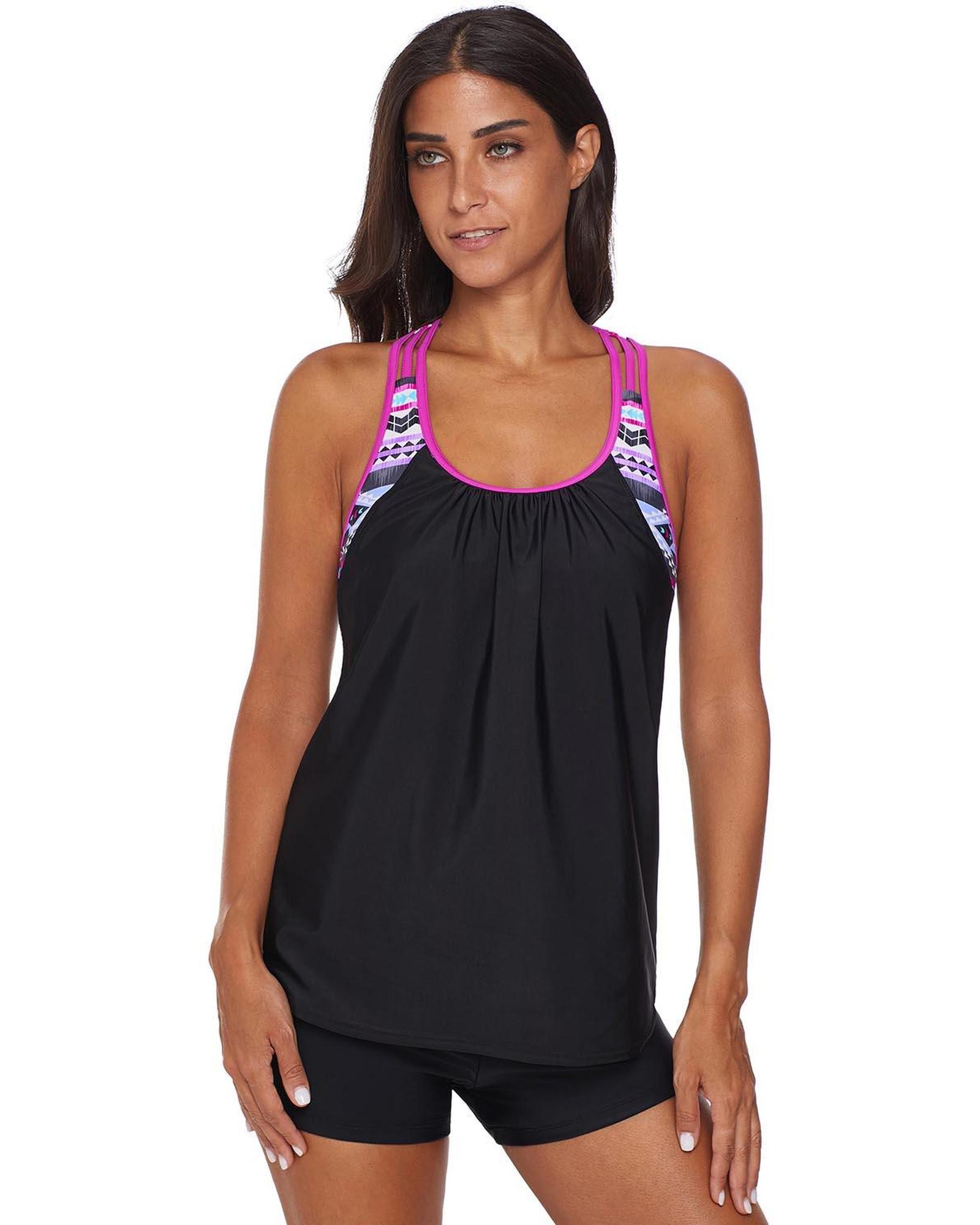 V539-AZEXDC411732-6-2XL-202508280720-00 Rose Blouson Striped Printed Strappy T-Back Push up Tankini Top - 2XL - Image 1