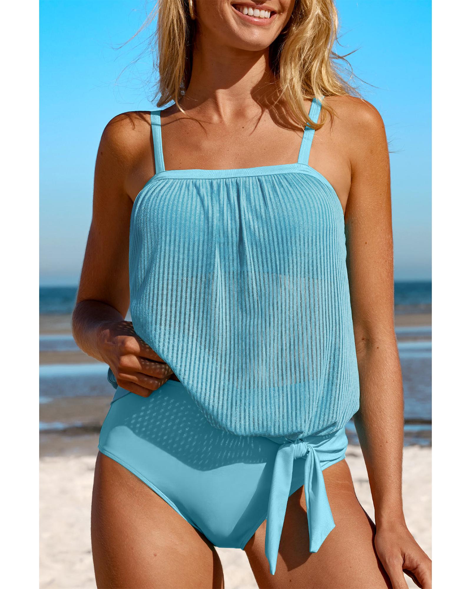 V539-AZEXDC415984-P404-2XL-202508292355-00 Turquoise Striped Mesh Knotted Hem Tankini Swimsuit - 2XL - Image 1