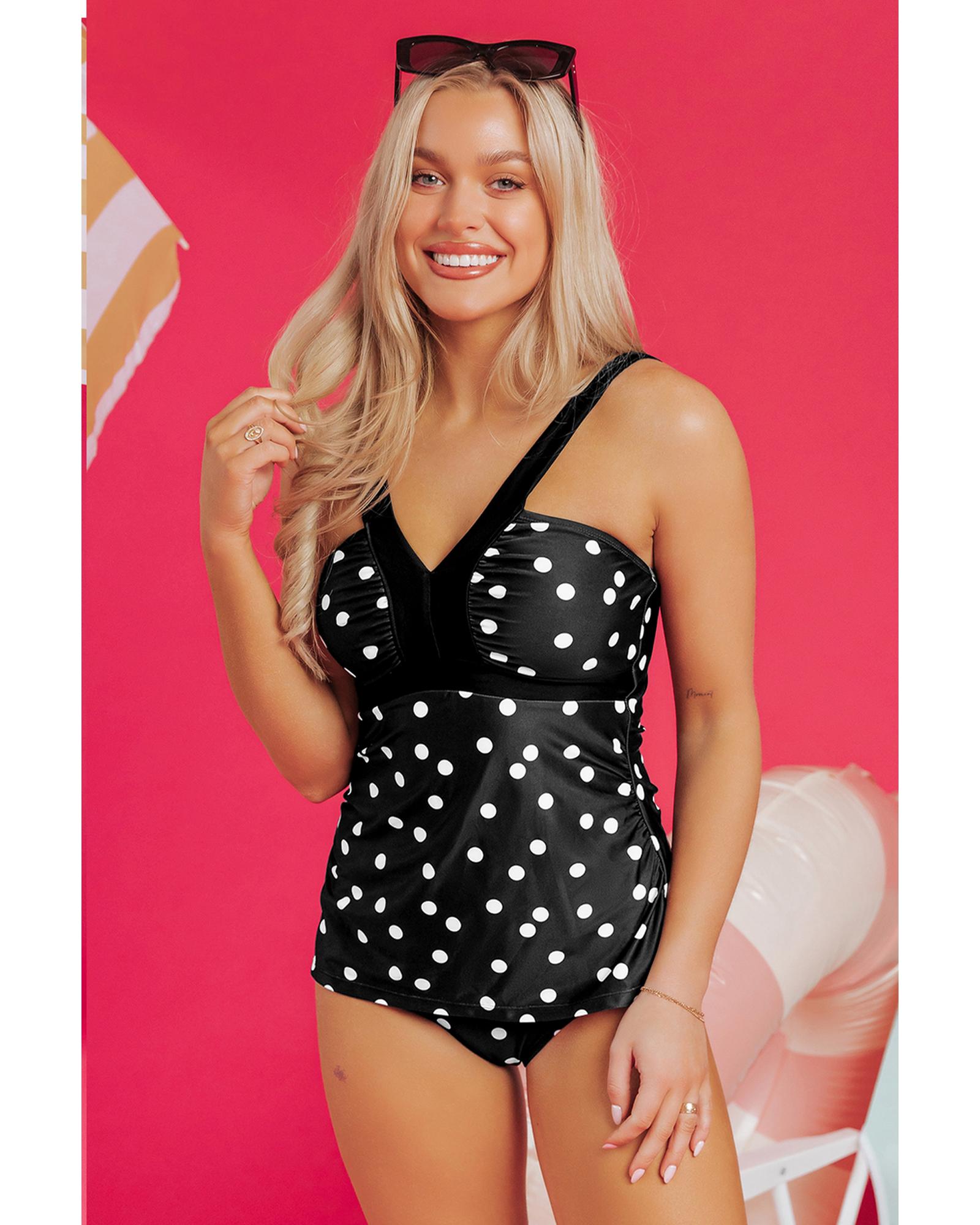 V539-AZEXDC416307-P220-S-202506140741-00 Black Polka Dot Print V Neck Tankini Set - S - Image 1