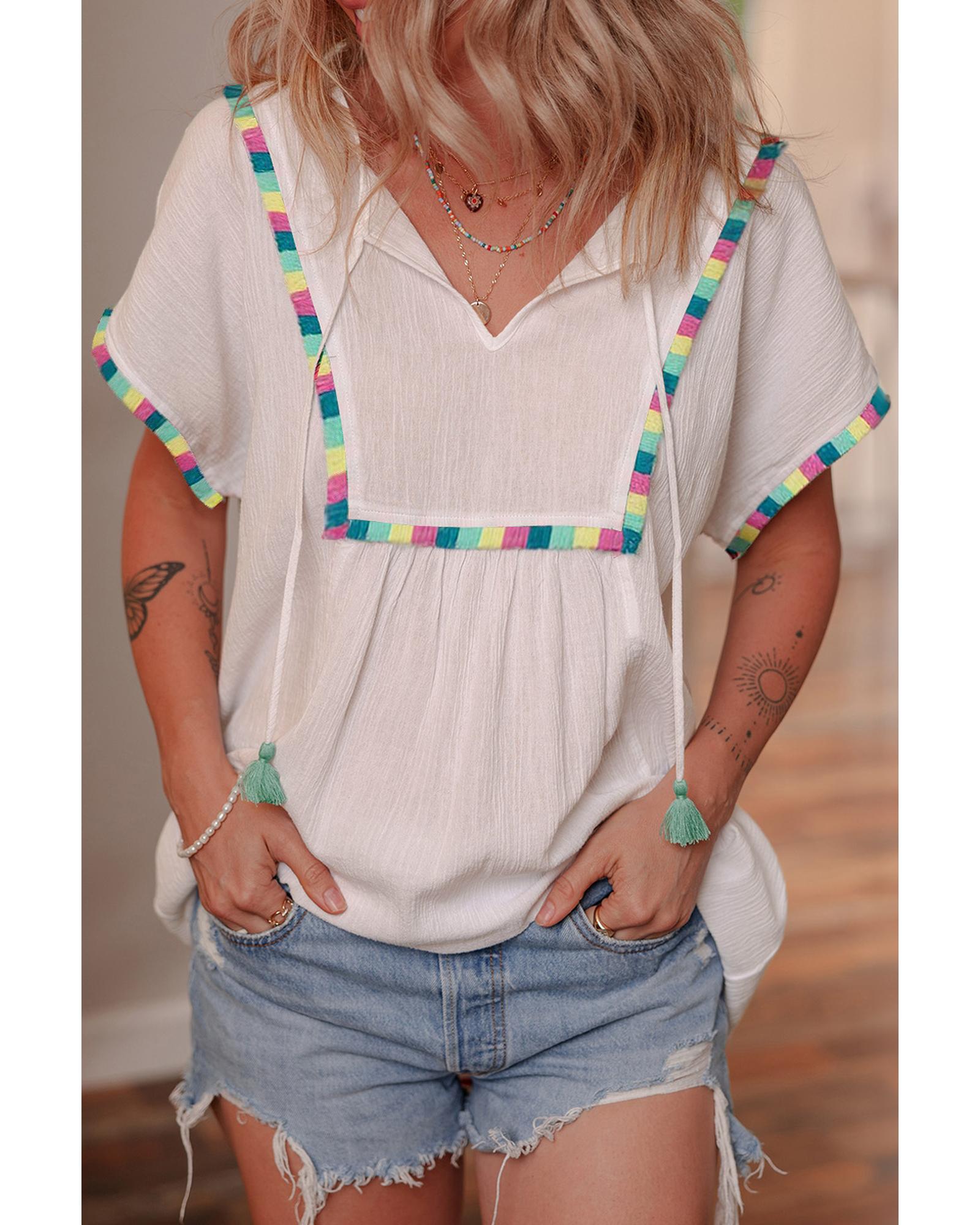 V539-AZEXDC4211094-P101-XL-202508281000-00 White Colorful Fringed Detail Tassel Tie Neck Short Sleeve Blouse - XL - Image 1