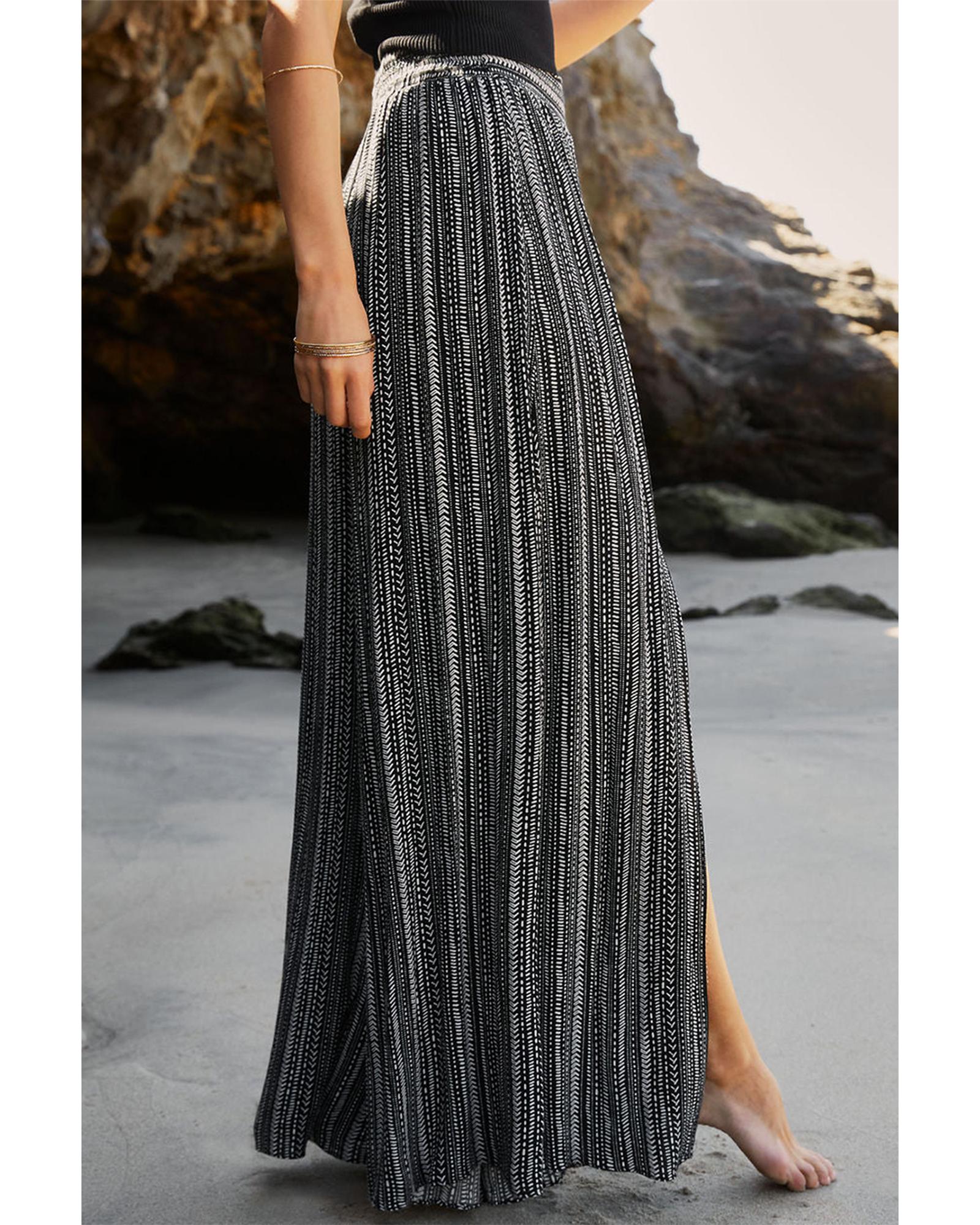 V539-AZEXDC421860-P220-S-202508290200-00 Black Printed Striped Printed Slit Wide Leg High Waist Pants - S - Image 1