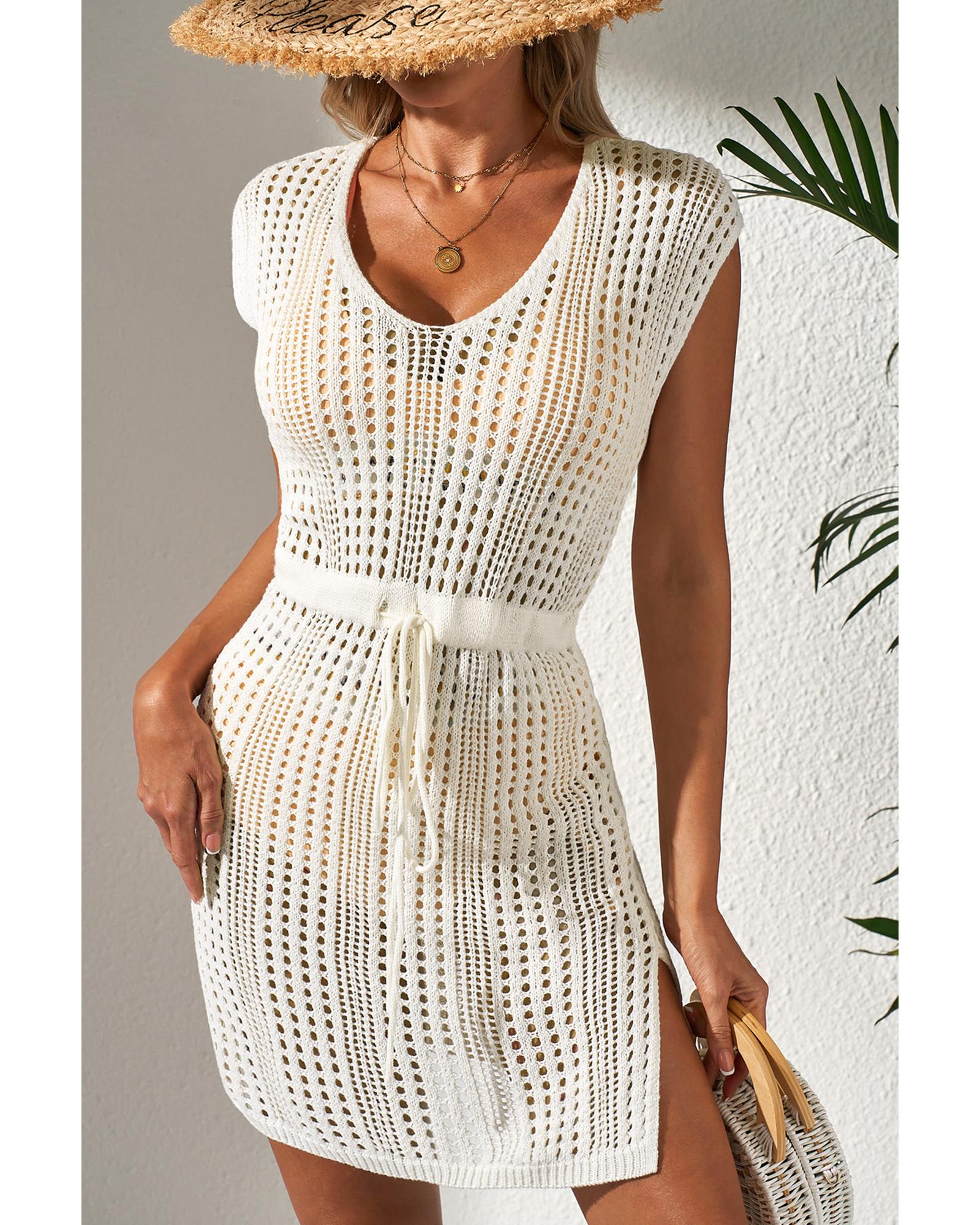 V539-AZEXDC422124-P15-S-202506140832-00 Beige Open Knit Drawstring Waist Beach Dress - S - Image 1