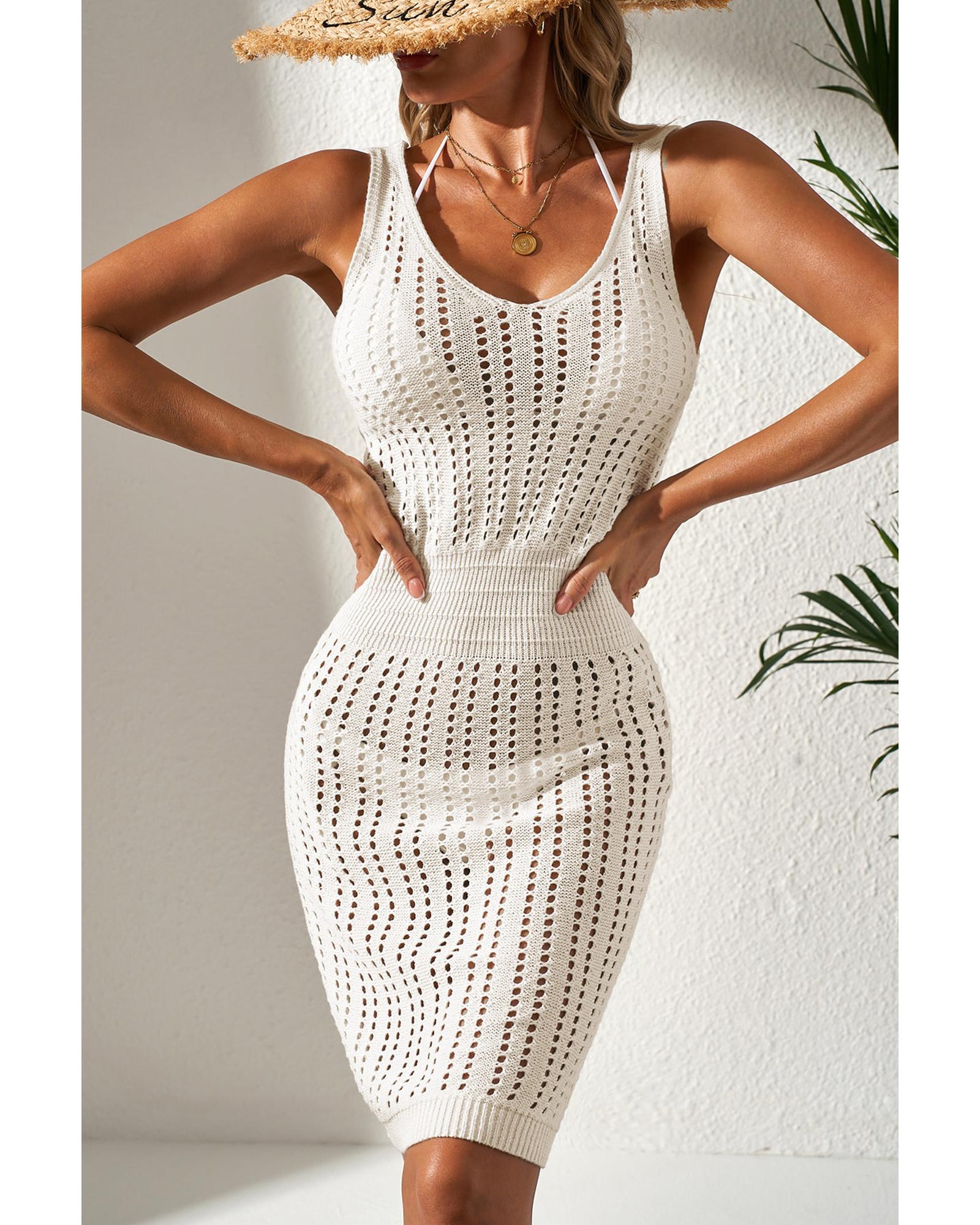 V539-AZEXDC422263-P1-M-202508281745-00 White Eyelet Crochet Sleeveless V Neck Beach Dress - M - Image 1