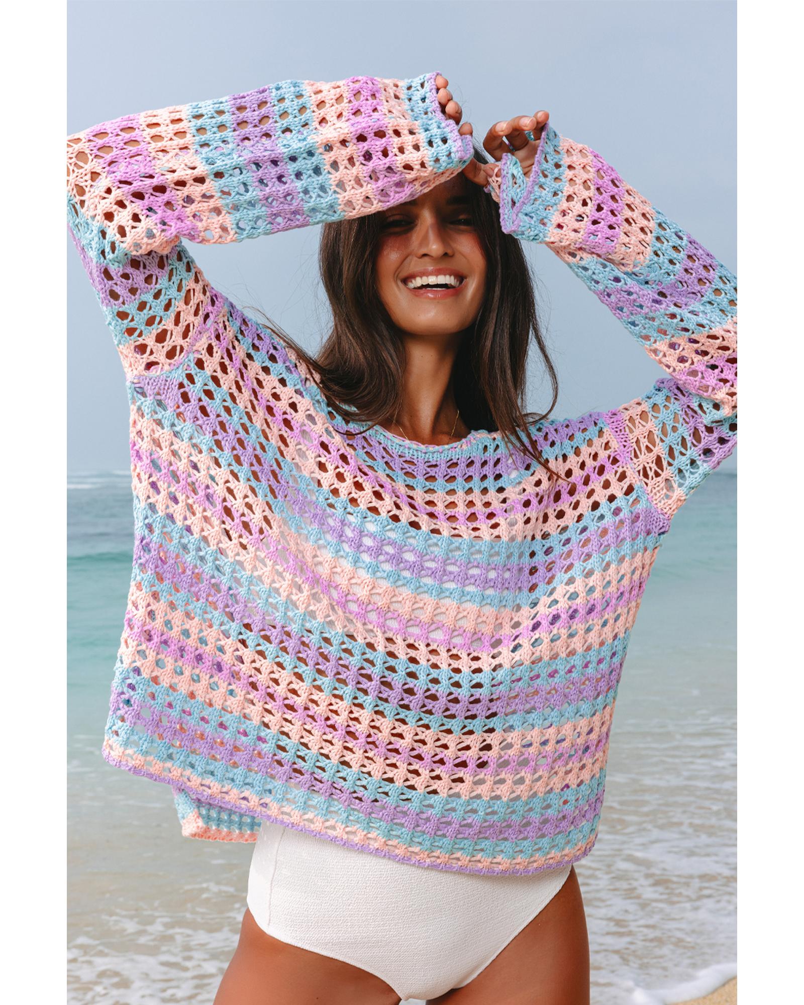 V539-AZEXDC422292-P822-M-202508292045-00 Purple Multi Stripe Open Knit Sweater Beach Cover Up - M - Image 1