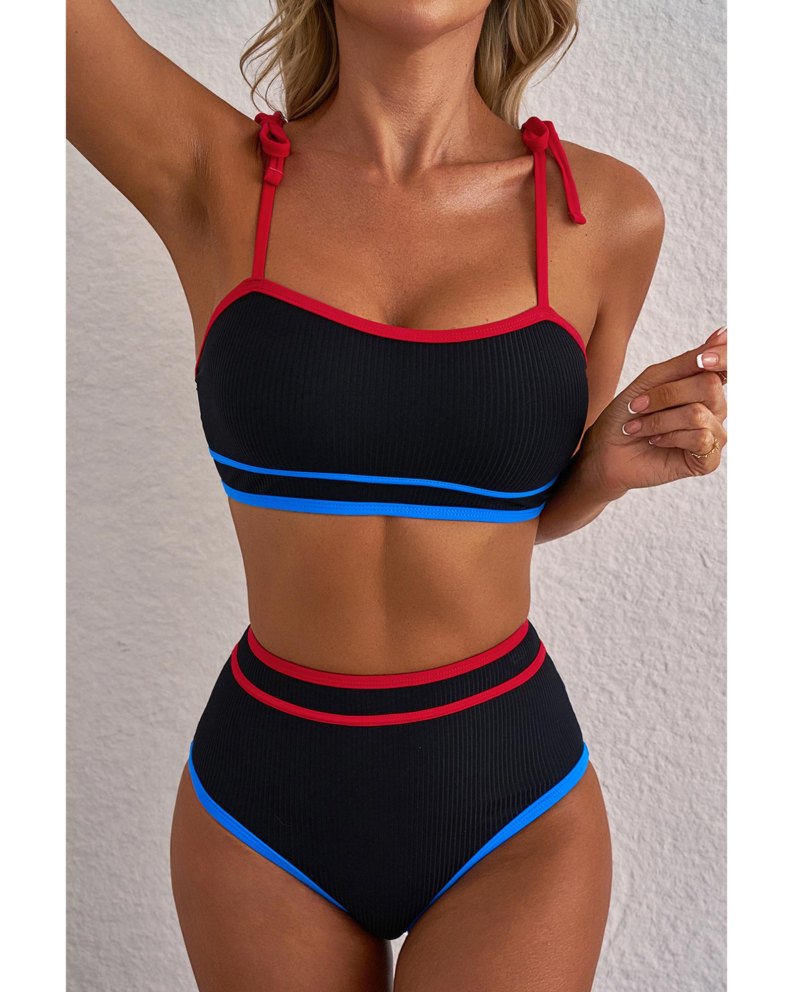 V539-AZEXDC434405-P2-2XL-202508281255-00 Black Triple Color Trimmed High Waist Bikini Set - 2XL - Image 1