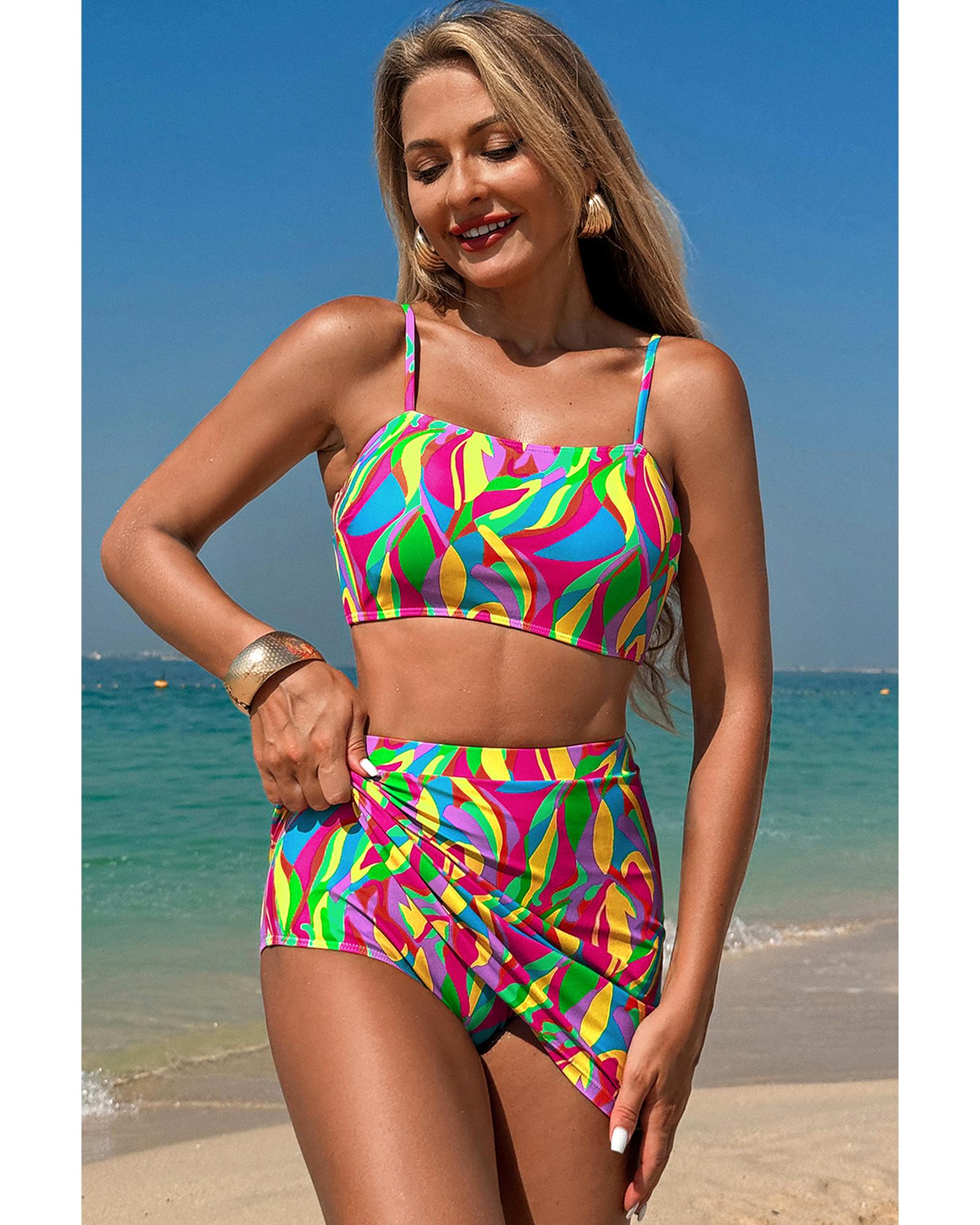 V539-AZEXDC434430-P22-L-202508282240-00 Multicolour Abstract Print Textured Spaghetti Strap High Waist Bikini Set - L - Image 1