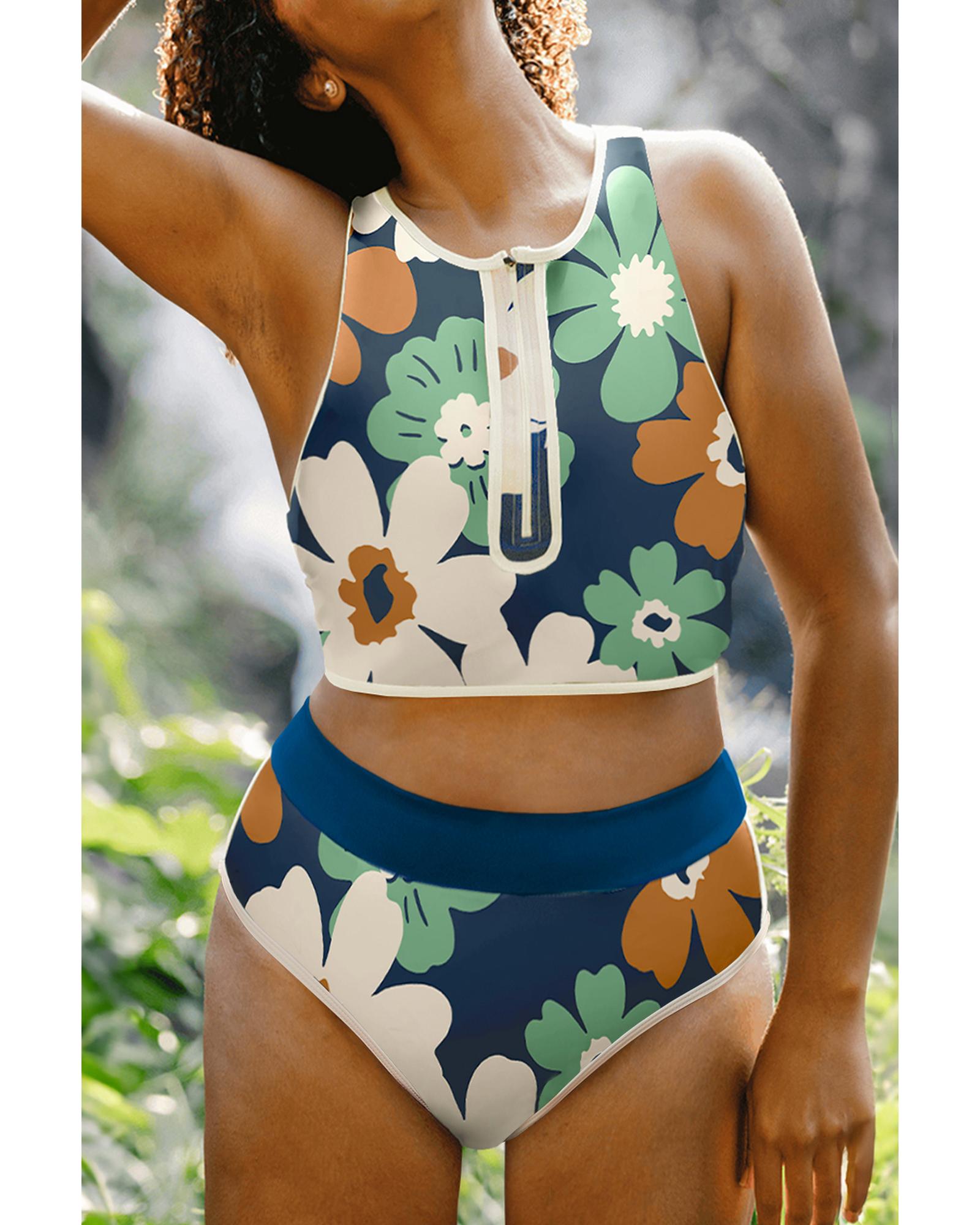 V539-AZEXDC434665-P520-2XL-202508300120-00 Blue Flower Zip up Racerback High Waisted Bikini - 2XL - Image 1