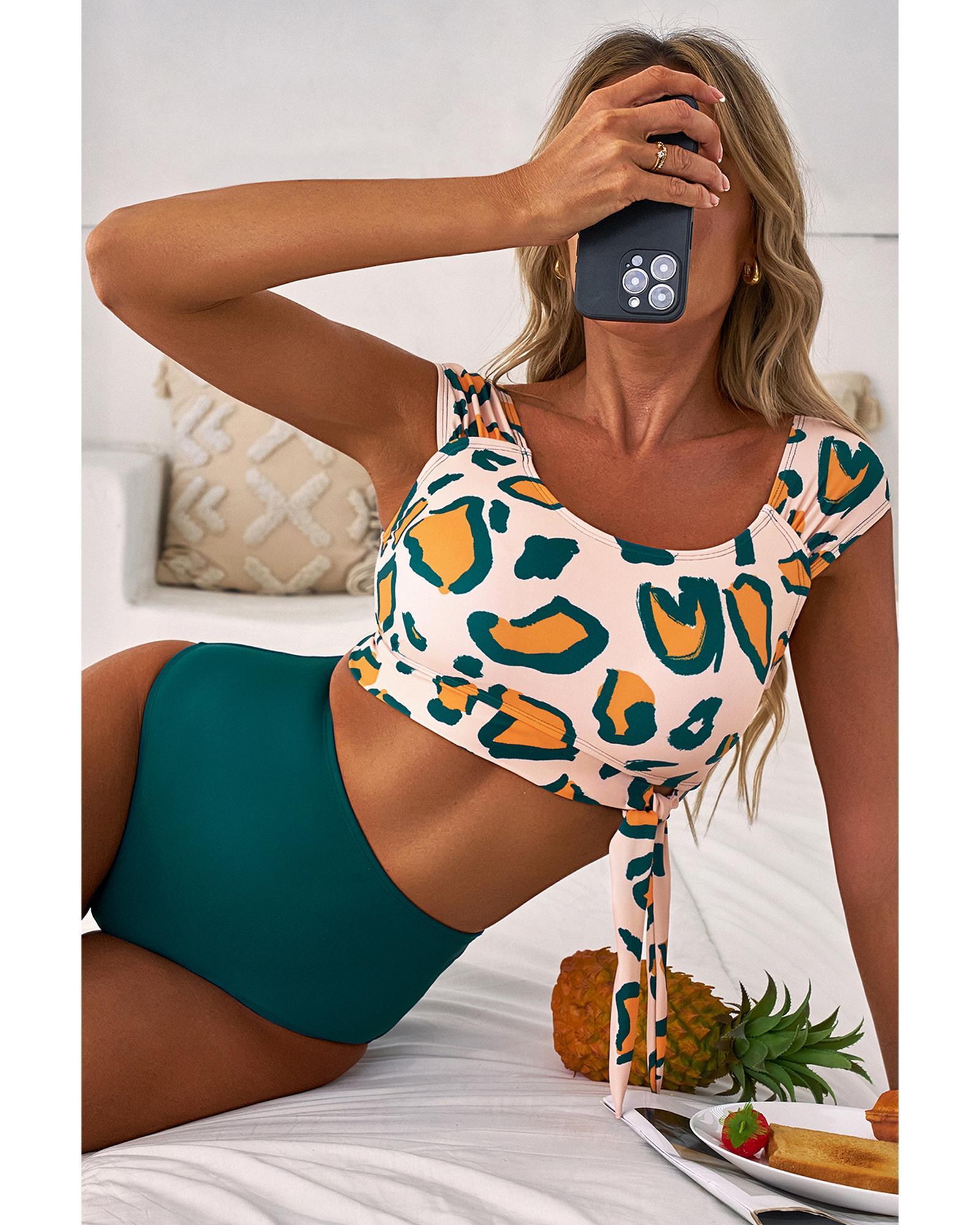 V539-AZEXDC434668-P920-XL-202508280310-00 Green Leopard Print U Neck Knotted High Waist Bikini Set - XL - Image 1