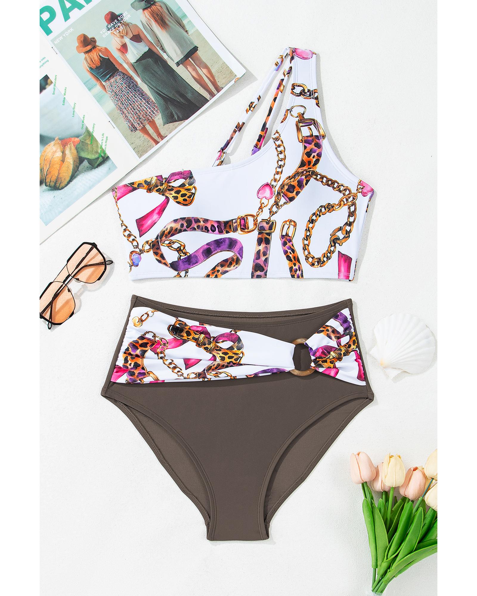 V539-AZEXDC434670-P1620-S-202506141040-00 Khaki Abstract Print One Shoulder Ring Linked High Waist Bikini - S - Image 1