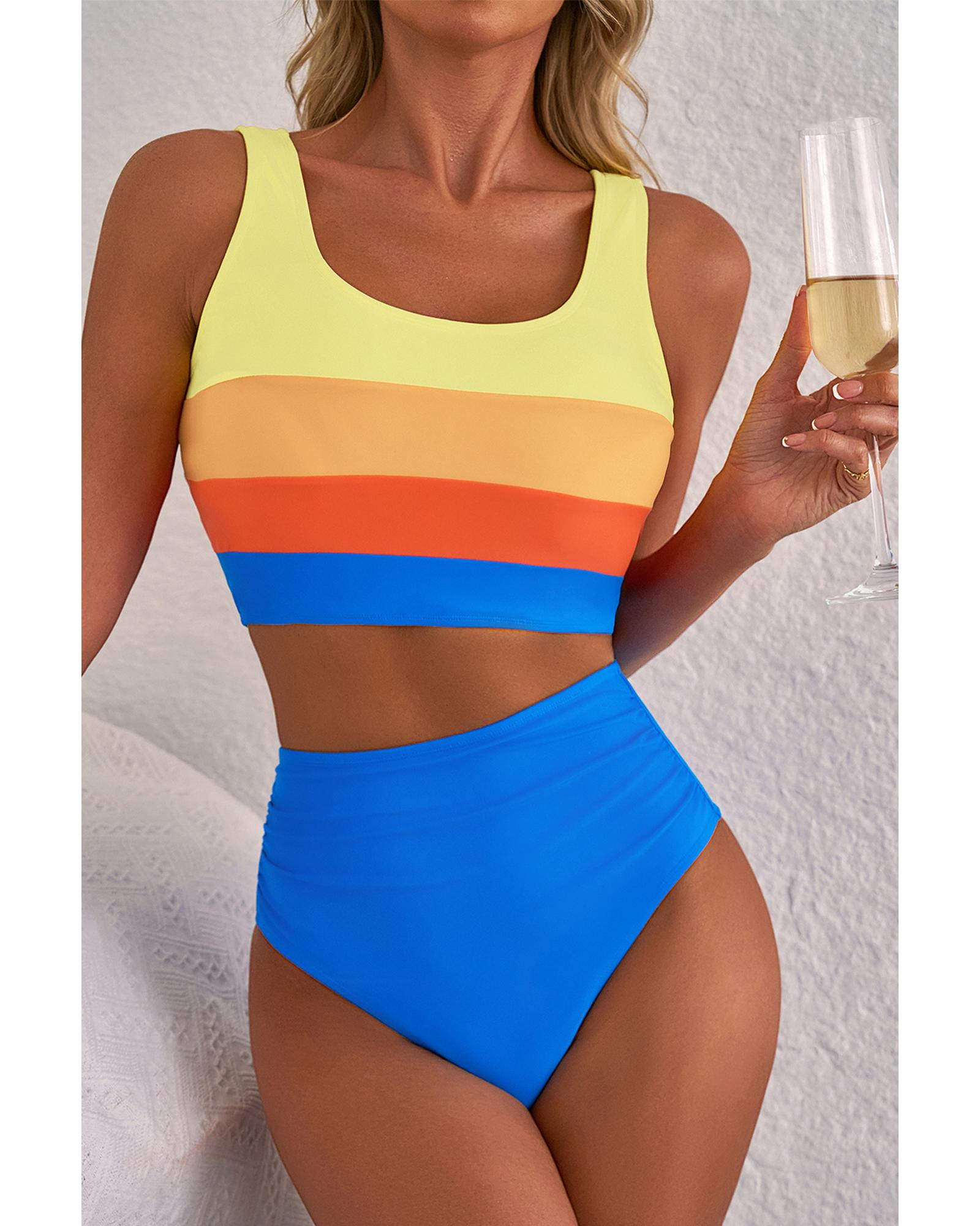 V539-AZEXDC434718-P305-L-202508291355-00 Blue Colorblock Square Neck Top Pleated High Waisted Bikini - L - Image 1