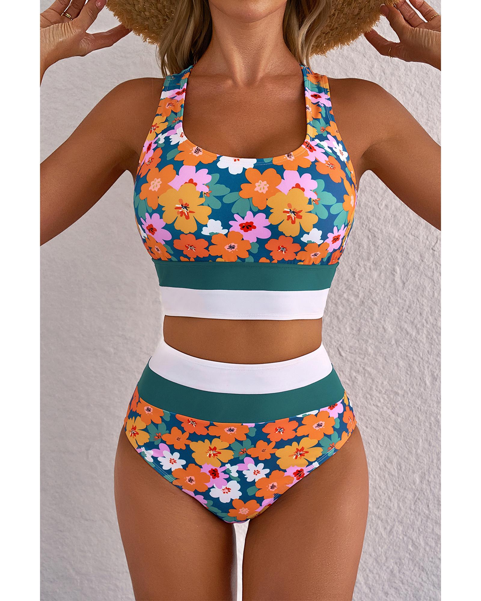 V539-AZEXDC434732-P10920-XL-202508292310-00 Green Floral Print Racerback Cutout High Waist 2pcs Bikini - XL - Image 1