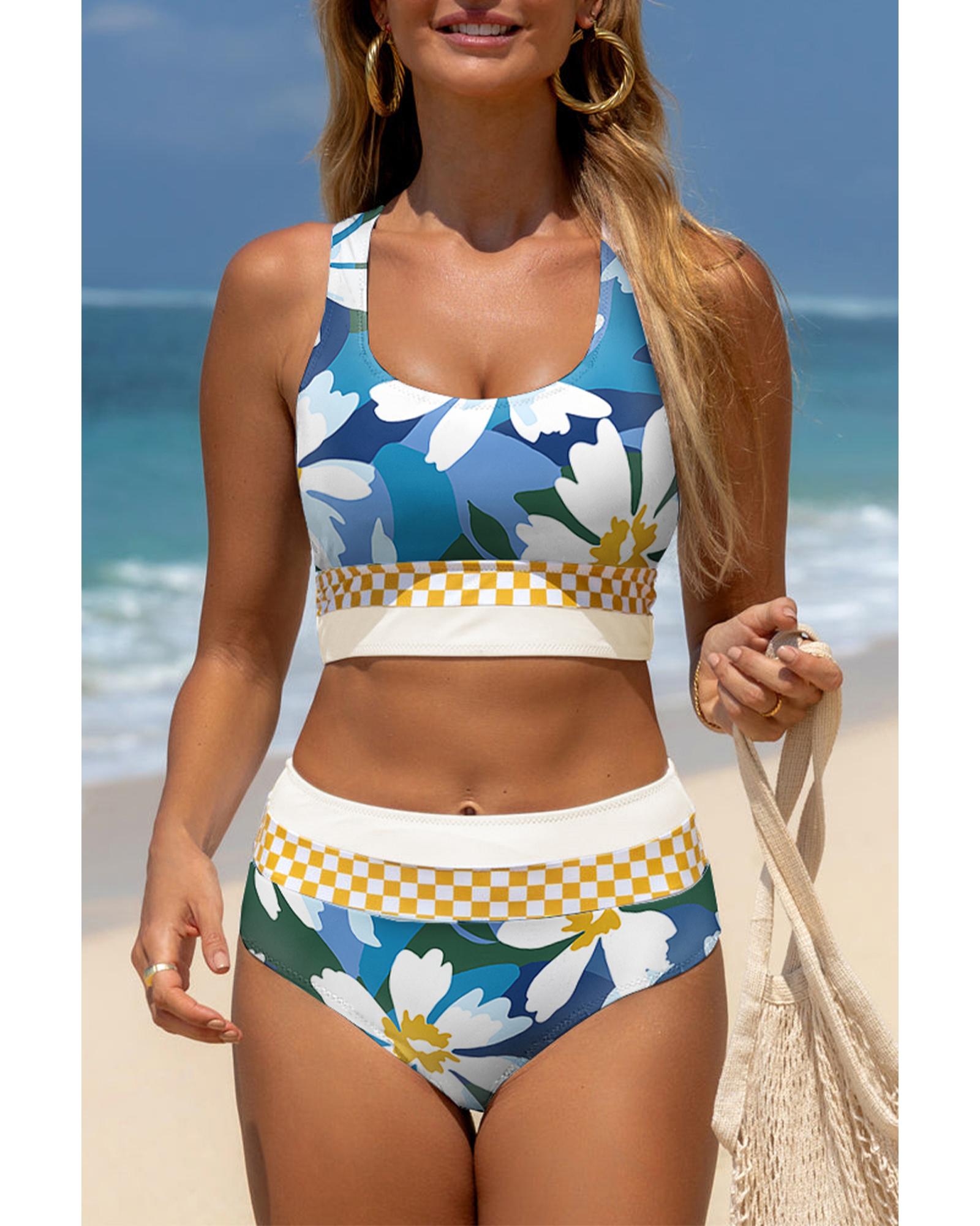 V539-AZEXDC434732-P920-M-202508300400-00 Green Floral Print Racerback Cutout High Waist 2pcs Bikini - M - Image 1