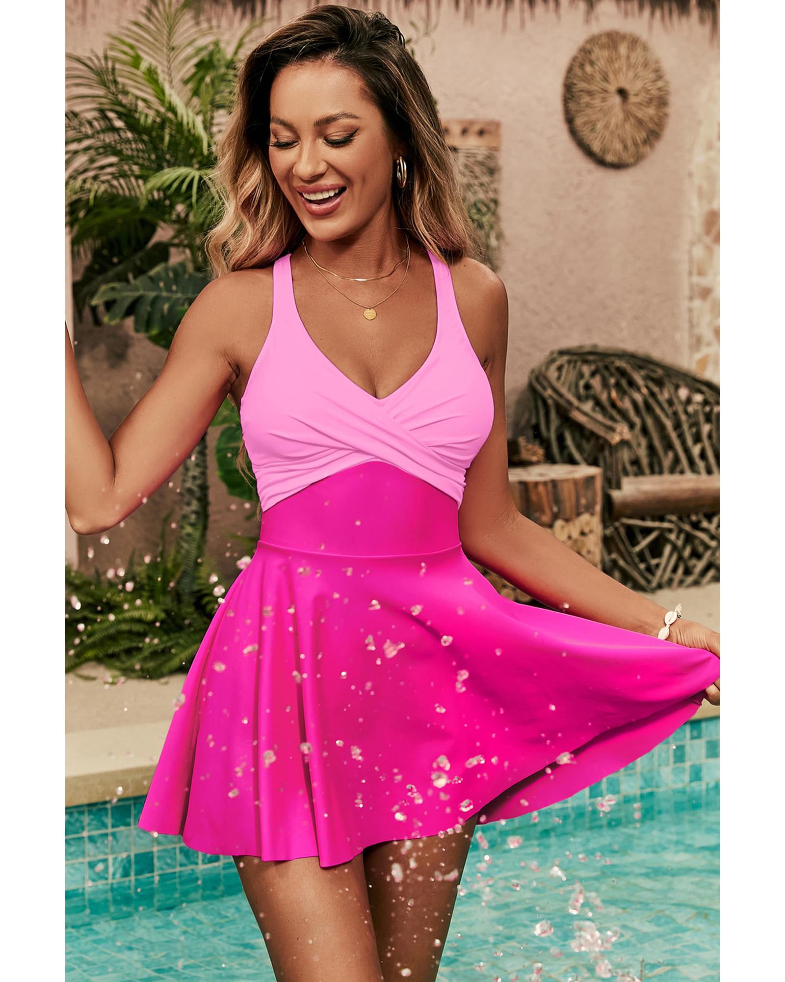 V539-AZEXDC443825-P6-L-202508292035-00 Rose Red Crisscross Straps Tie Back Flared One Piece Swimsuit - L - Image 1