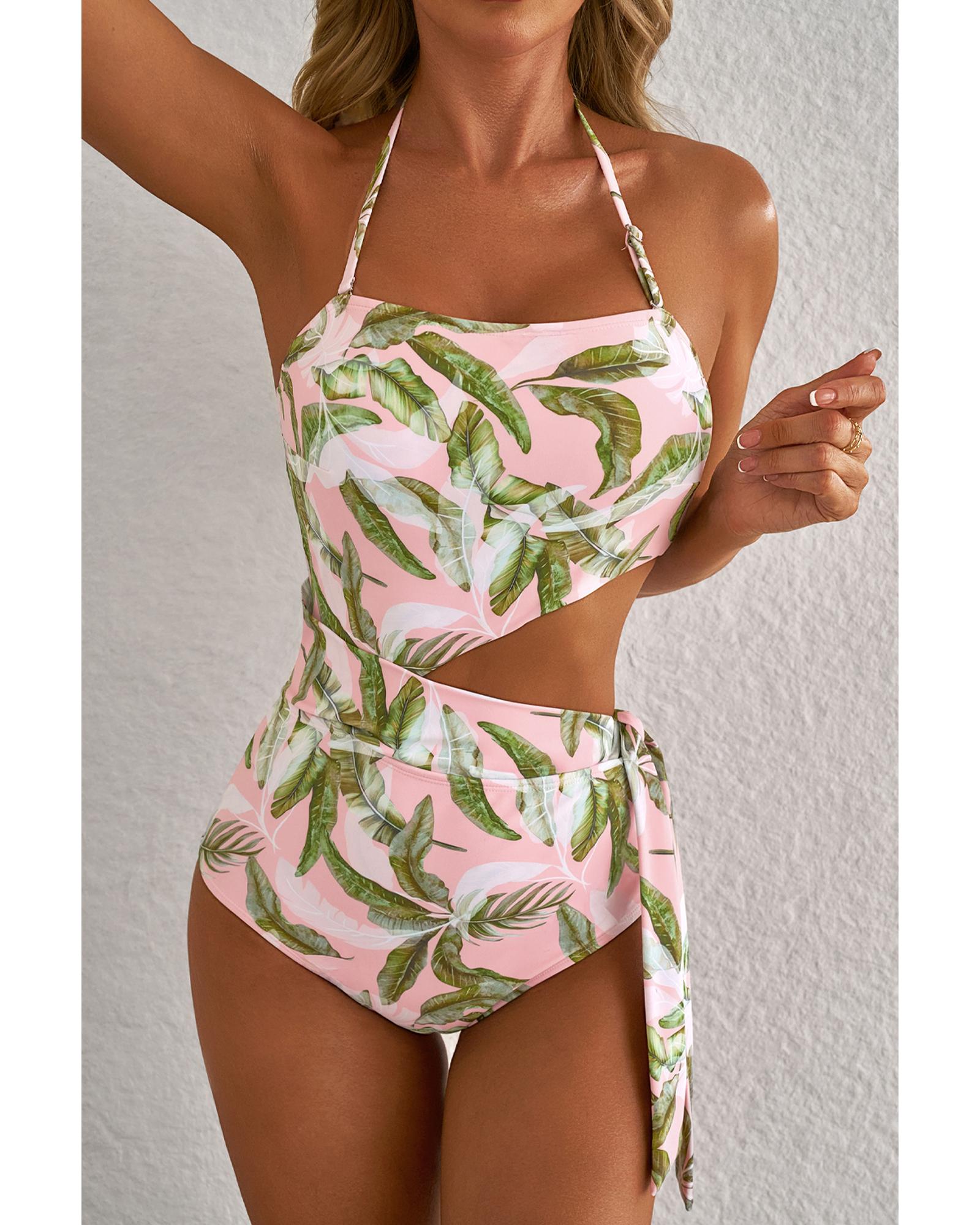 V539-AZEXDC443937-P1020-2XL-202508300420-00 Pink Tropical Asymmetric Cut out Halter Backless One Piece Swimwear - 2XL - Image 1