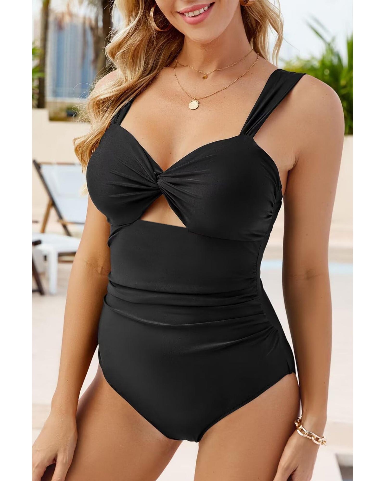 V539-AZEXDC444112-P2-XL-202508281755-00 Black Cut out Twist Bowknot Backless One Piece Swimsuit - XL - Image 1