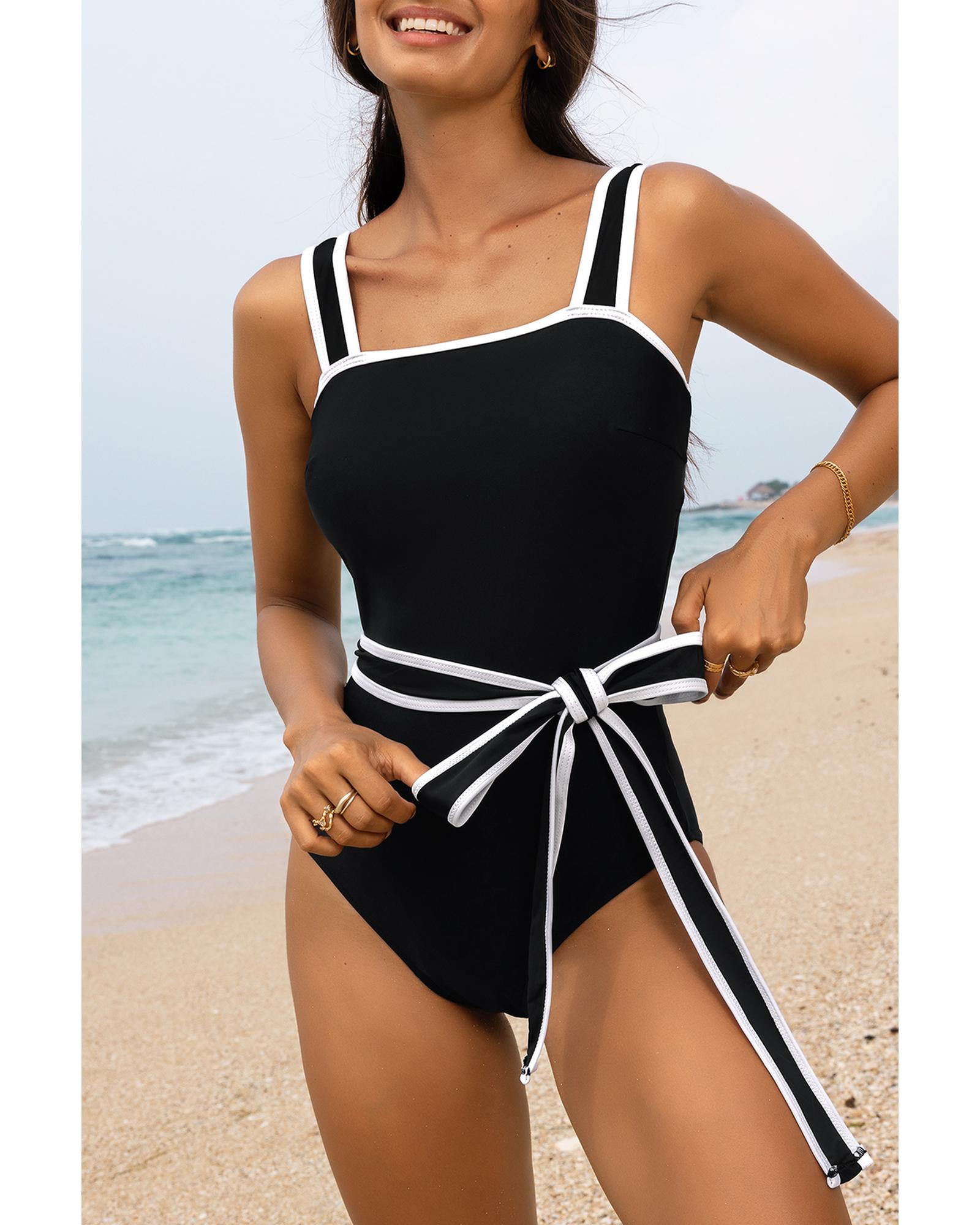 V539-AZEXDC444442-P2-S-202506141427-00 Black Colorblock Edge Belted One Piece Swimsuit - S - Image 1