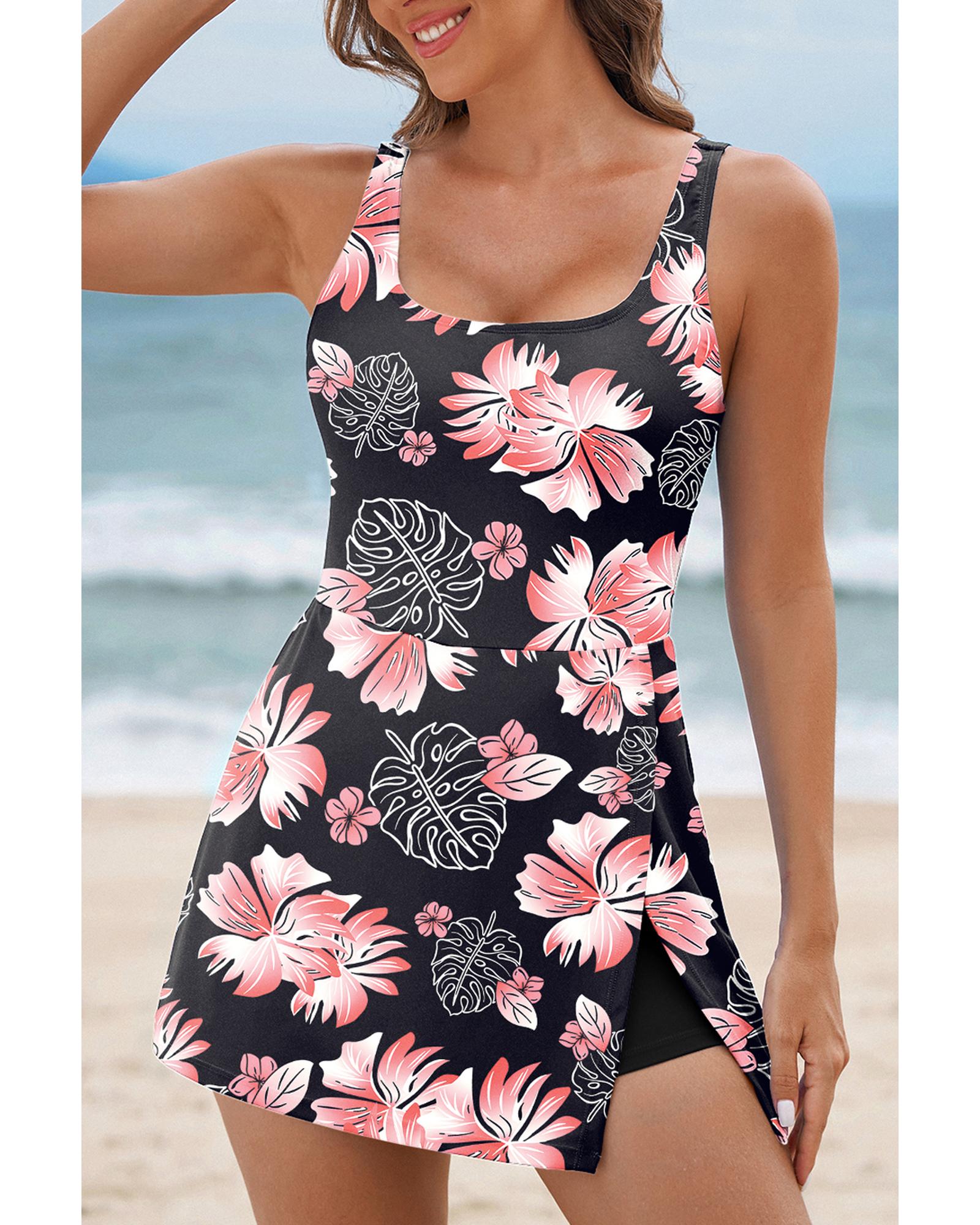 V539-AZEXDC444453-P220-S-202506141436-00 Black Floral Print Twisted Hollowed Back Swim Dress - S - Image 1