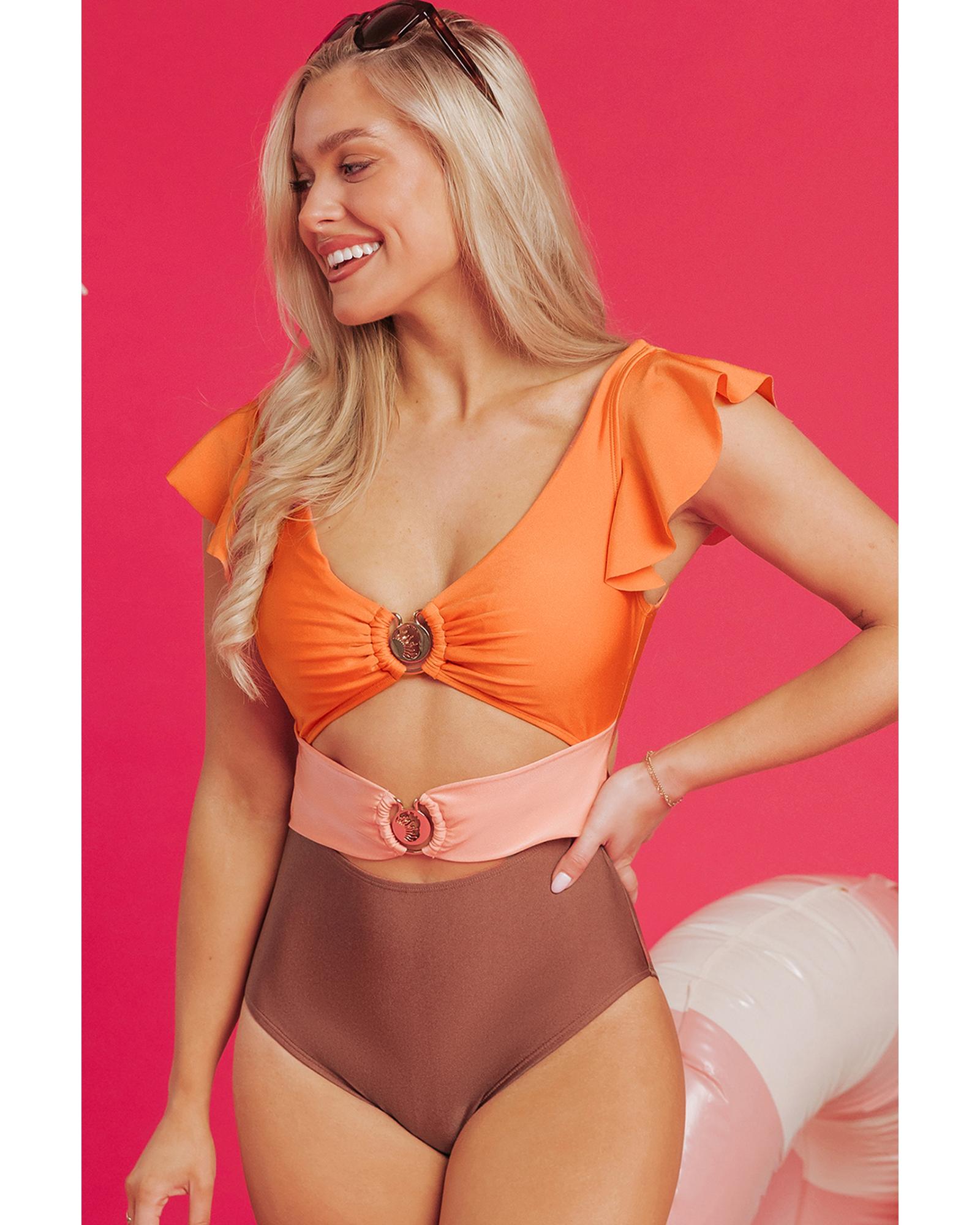 V539-AZEXDC444626-P14-XL-202508291405-00 Orange Ruffle Sleeve Tricolor Cutout Front Ring One Piece Swimsuit - XL - Image 1